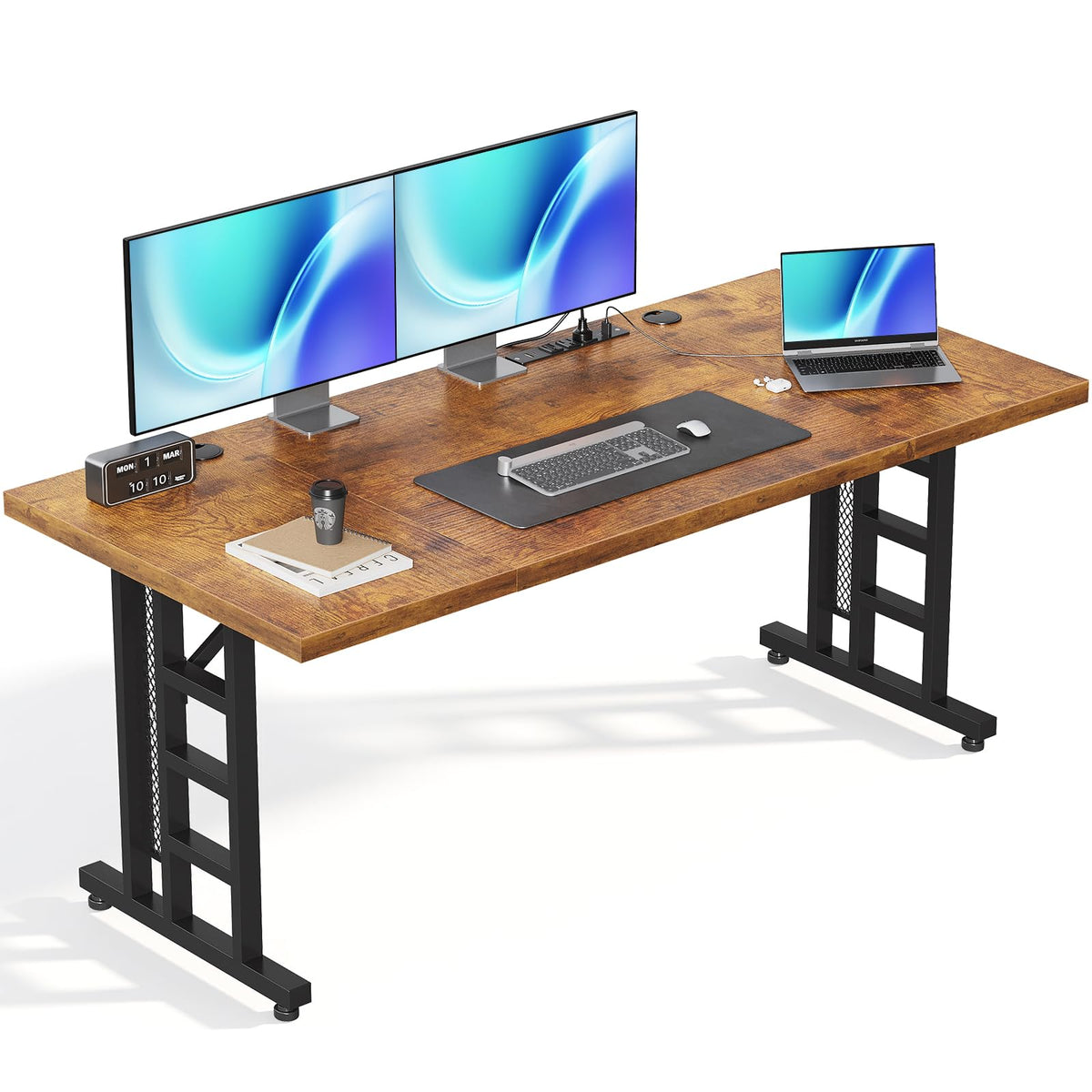 OffiGo Executive Desk, 71 Inch Office Table with Power Ports, Large Computer Desk with 3-Piece Thickened Board for Home Office, Workstation, Rustic Brown (not Adjustable)