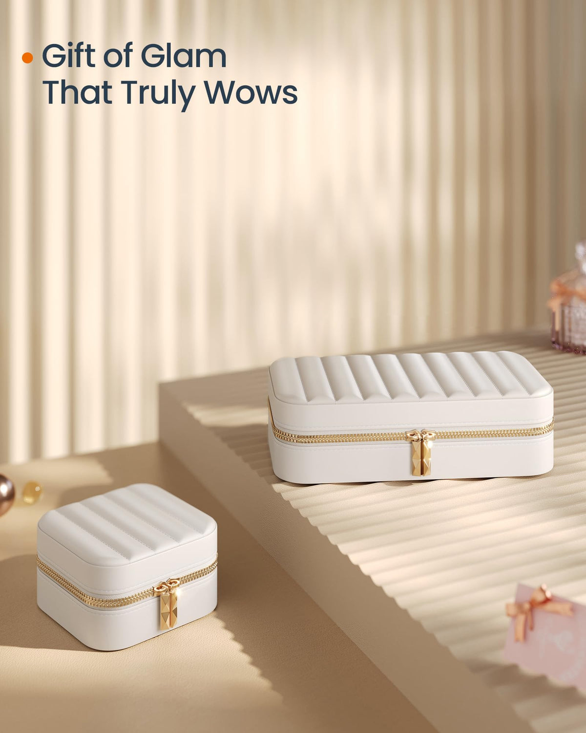 SONGMICS HOME Travel Jewelry Case, Travel Jewelry Box Organizer with Mirror, 4.1 x 8 x 2.4 Inches, Stitching, Portable, Gift Idea, Cloud White UJBC180W01
