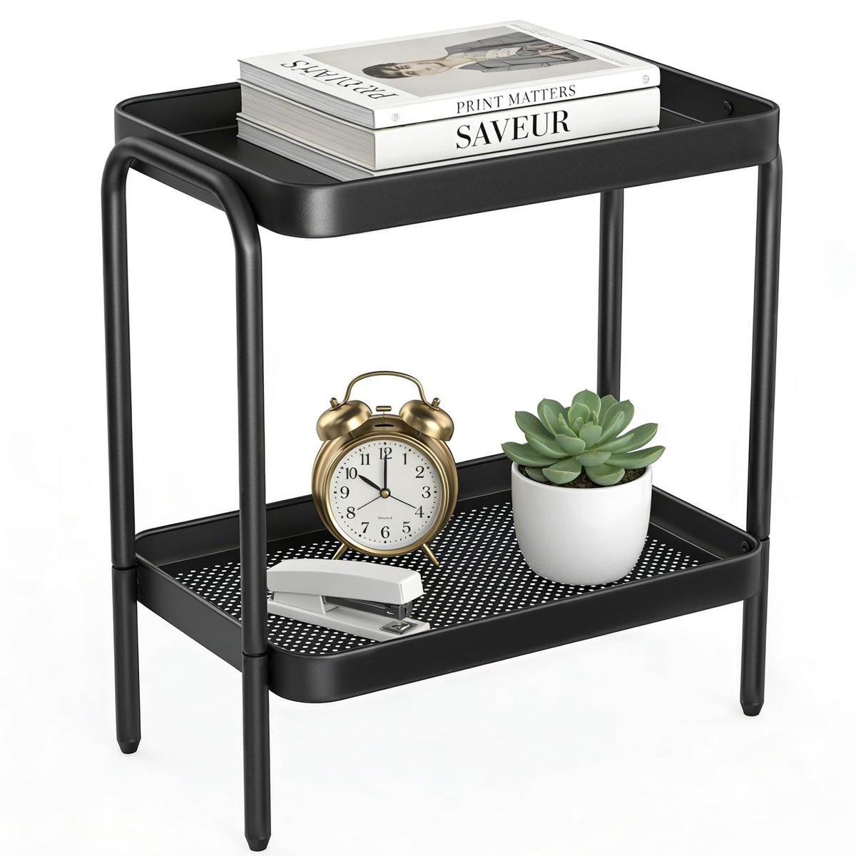 NobleForm 2 in 1 Desktop & Floor End Table with Storage Shelves, Compact 2-Tier Side Table for Office Desk Organization, Bedside Nightstand, Small Space Nightstand for Living Room, Bedroom, Office