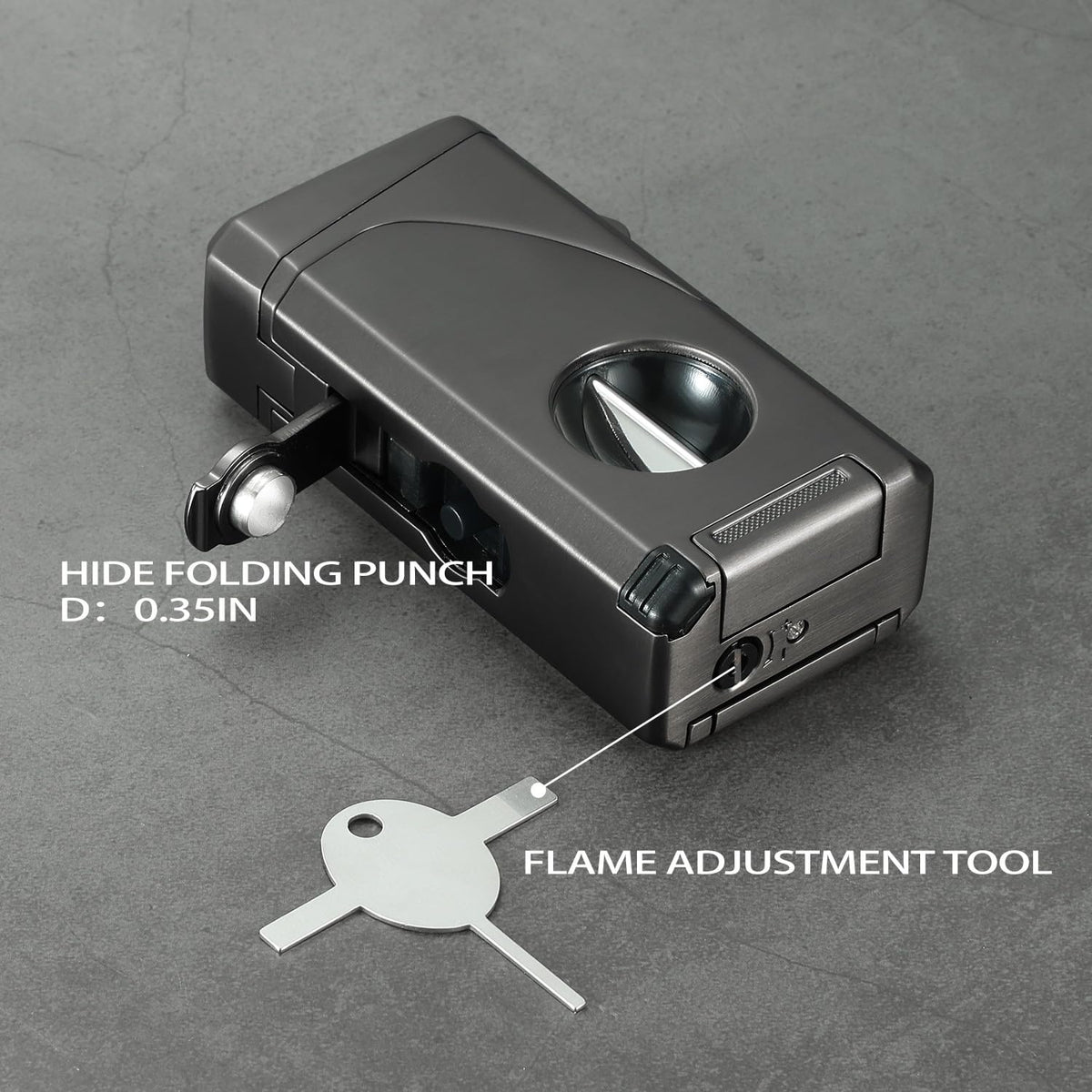 All in One Triple Jet Flame Butane Torch Lighter Built-in Cutter, Cutter V Cut, Punch, Holder Function, Draw Enhancer Tool, Refillable Windproof Gas Lighter, Mens Gifts. Grey(Sold Without Gas) ﻿