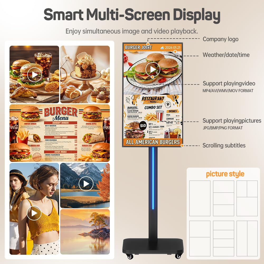 JASZDOT 32 Inch Digital Signage Display on Wheels, Portable LCD Touch Digital Kiosk with Adjustable Rolling Stand, Phone App Control Android 14 Advertising Display Poster, Auto Media Player, HDMI/USB