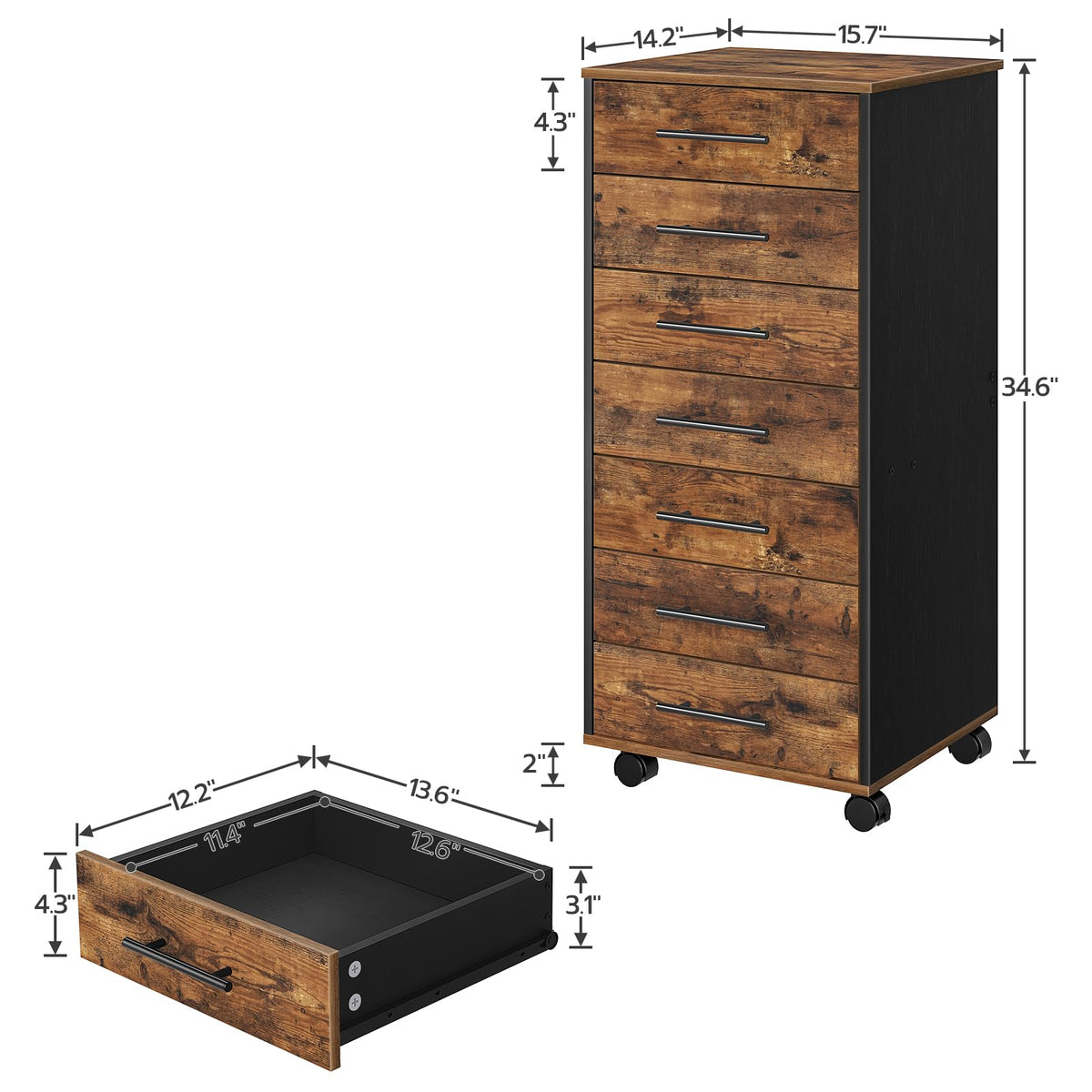 HOOBRO 7-Drawer File Cabinet, Wooden Office Cabinet with Drawers, Mobile Storage Filing Drawer for Home Office, Study, Easy Assembly, Rustic Brown and Black BF07WJ01
