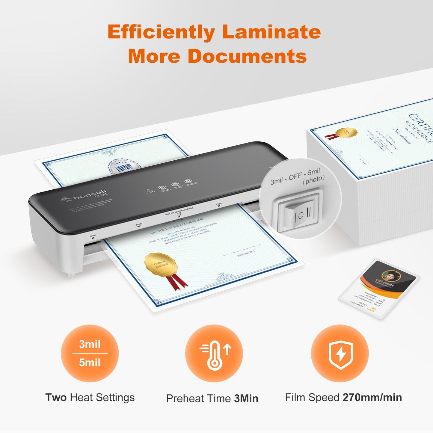Bonsaii Laminator Machine, 9 Inch Laminators Machine with 50 Laminating Sheets, Laminator with Never Jam Technology for Doc/Posters/Photo, Simple Convenient for Home, Office and School - L418-C Grey