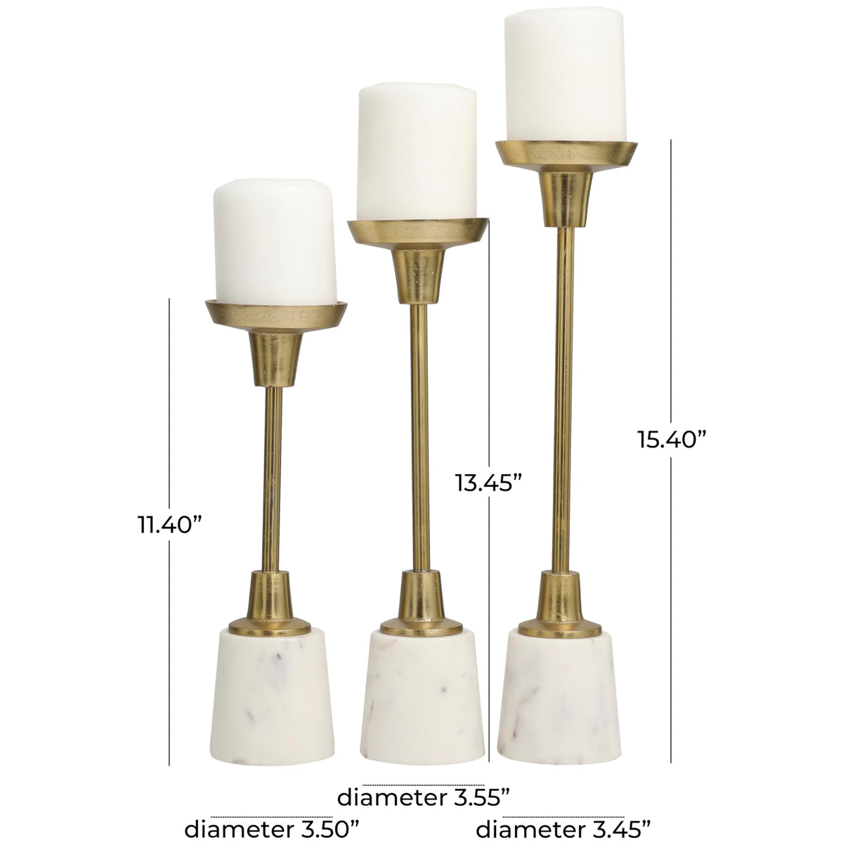 Deco 79 Aluminum Slim Candle Holder with White Marble Base, Set of 3 15, 13, 11" H, Gold