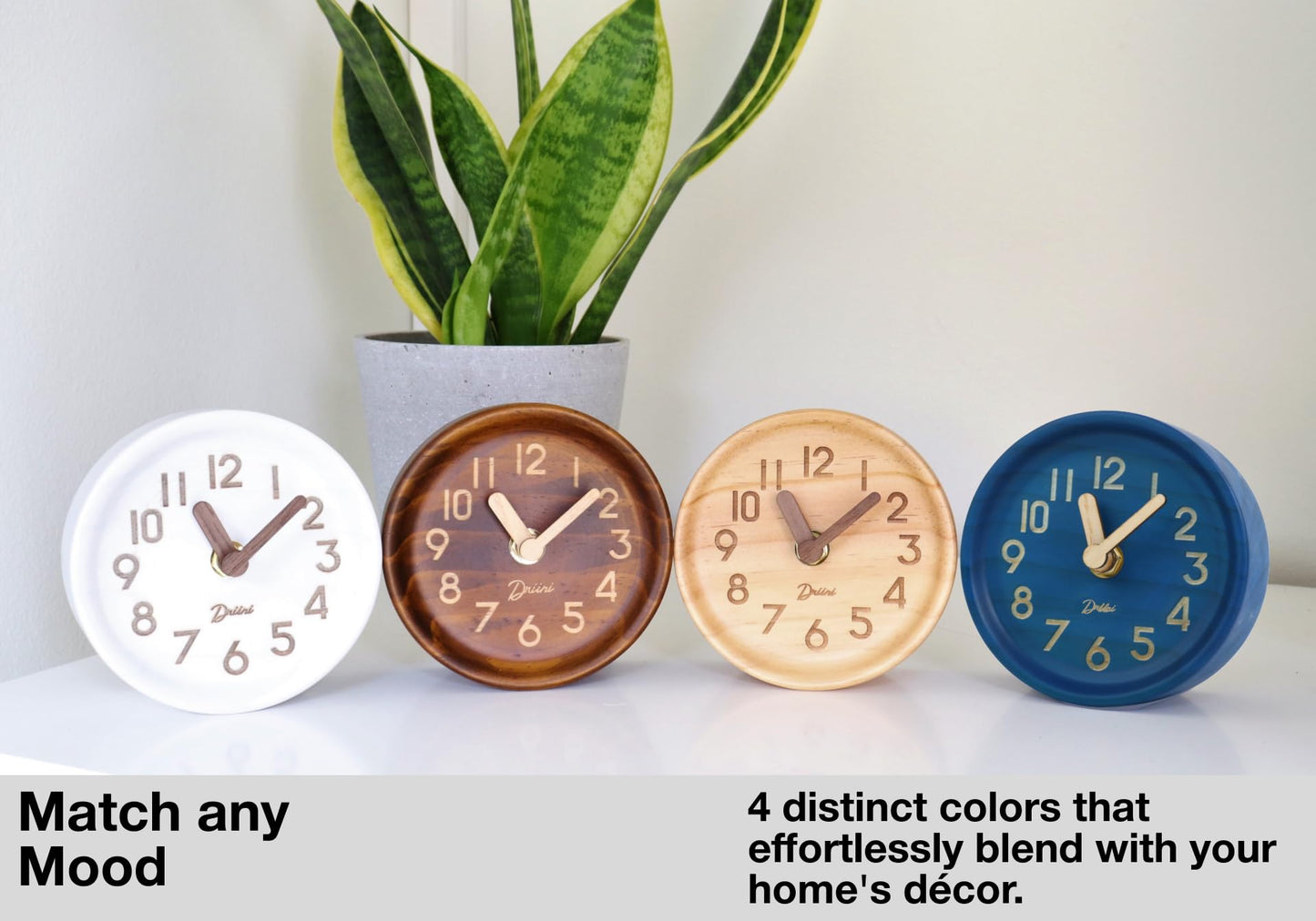 Driini Wooden Analog Desktop Clock – 4.3 in. Decorative Pinewood, No-Tick Design – Easy to Read Silent Sweep Mantle Clock – Quiet Tabletop Clocks with Wood Body, Hands, & Battery Cover; Light