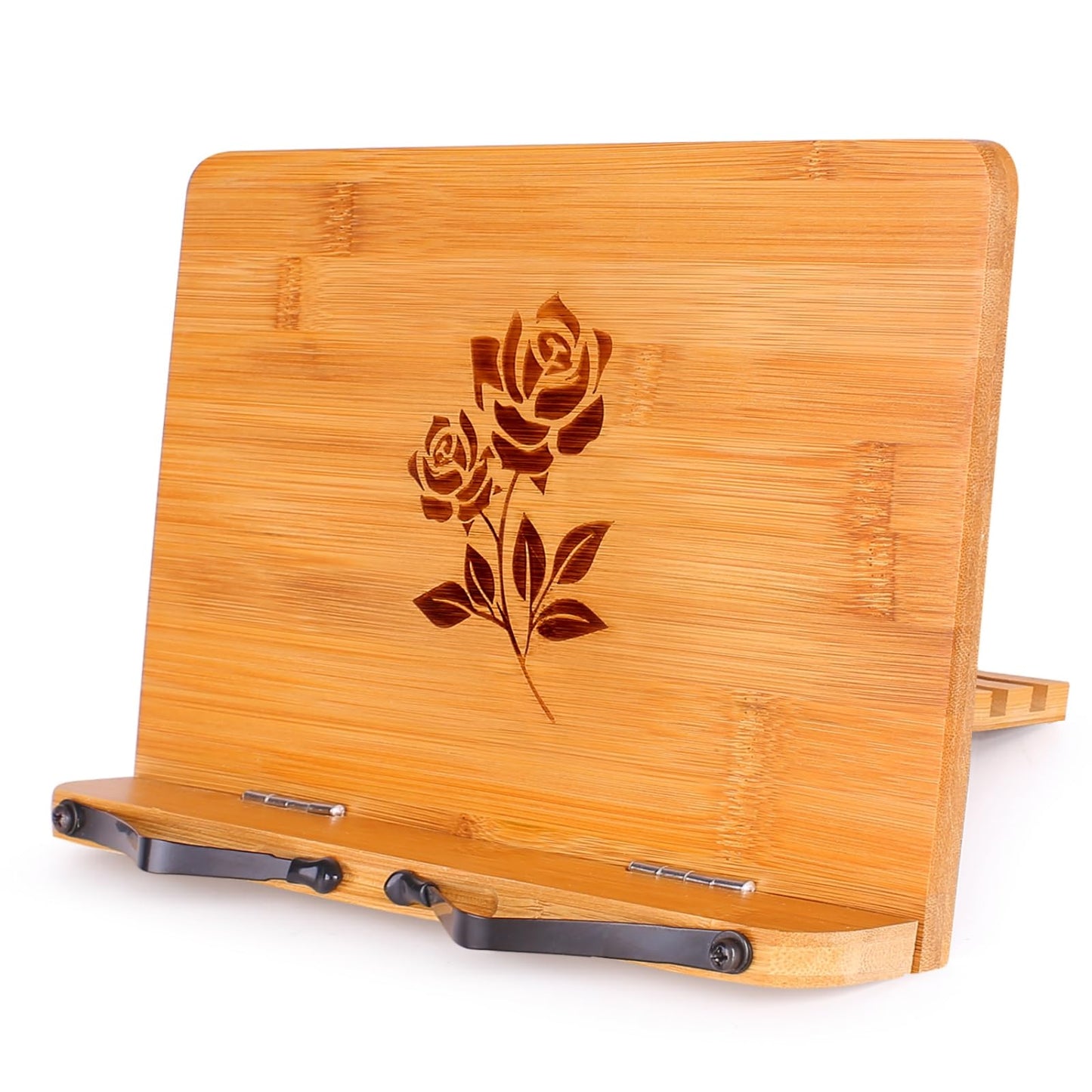 MEGREZ Bamboo Book Stand 11 x 8.0 inch, Foldable Cookbook Holder with 6 Adjustable Height, Reading Book Holder for Recipe, Music Book, Textbook, Tablet Stand, Rose