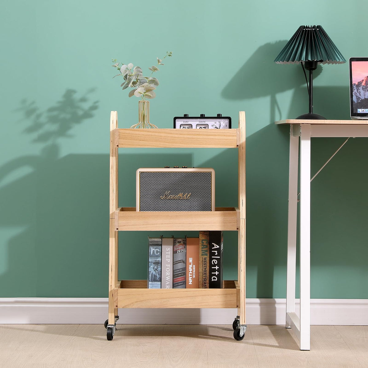 3-Tier Wooden Rolling Cart- Wooden Utility Cart wit Wheels- Utility Rolling Cart-Storage Trolley Organizer- Rolling Kitchen Cart Serving Cart for Office,Kitchen, Kids' Room (natural wood color)