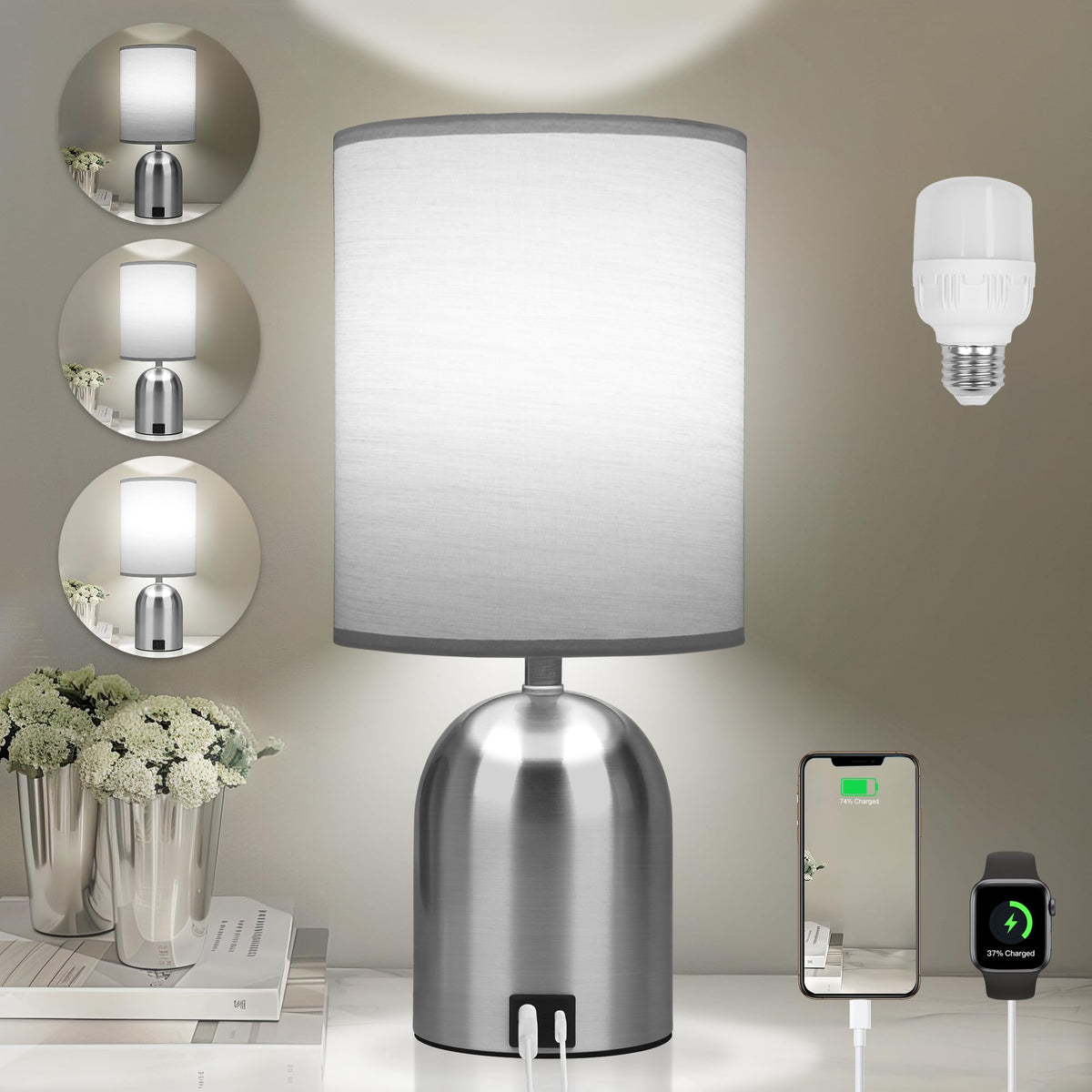 Fttoyoly Bedside Table Lamp for Bedroom, 3 Way Dimmable Touch Small Desk Lamp for Office with USB Charging Port Lamps for Living Room, Bedroom, Reading Room, Office, Grey/Sliver, Silver