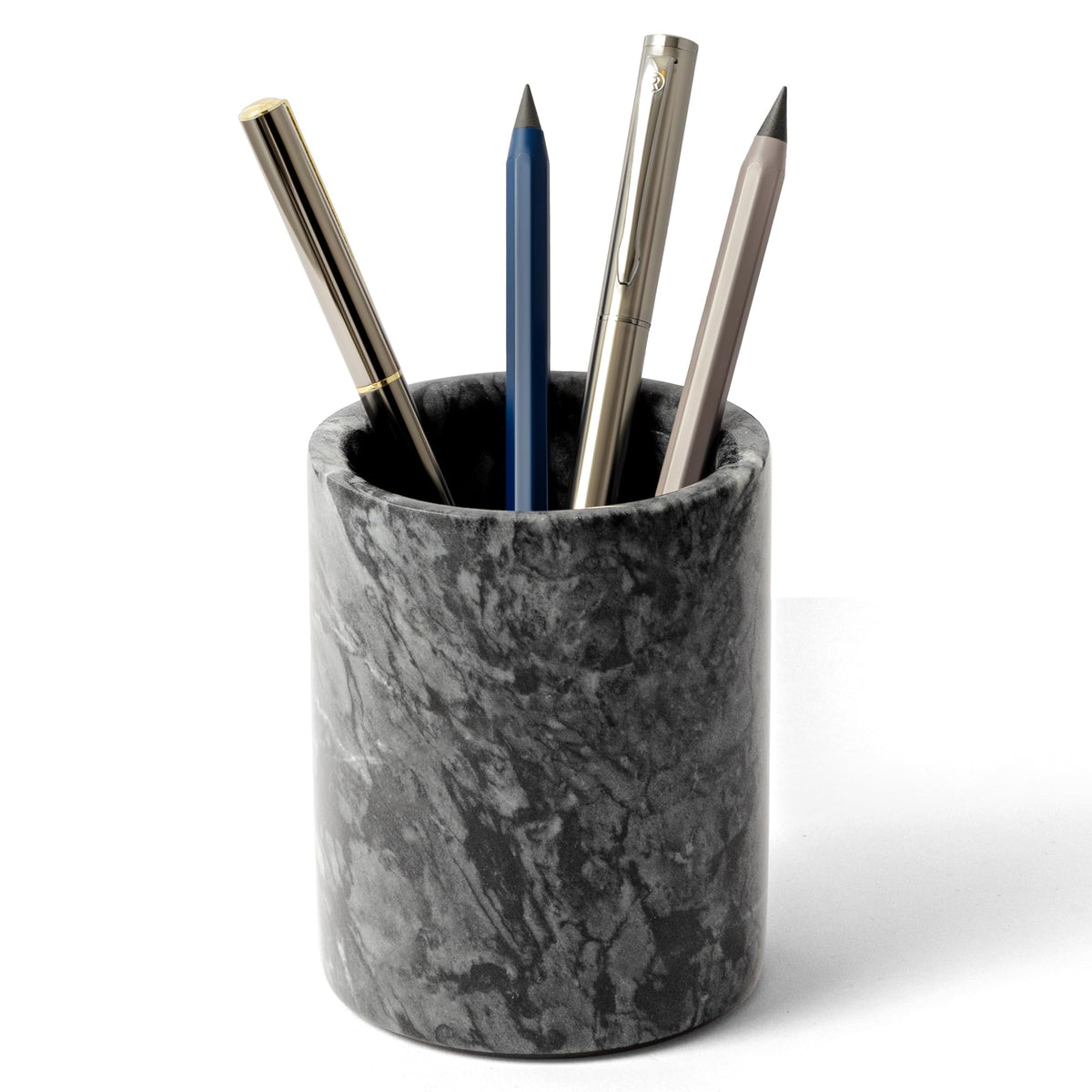 WORHE Pen Holder Stand Italy Natural Premium True Marble Makeup Brush Holders, Tableware Organizer Desk Pencil Cup for Home Office School Decor Dark Grey (DL012)