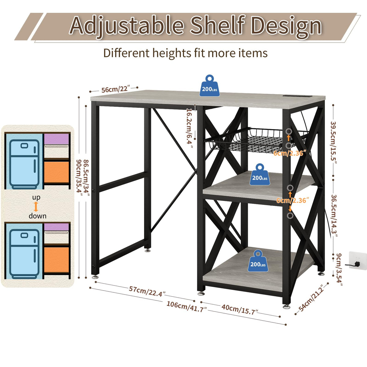 METYERRY Kitchen Bakers Rack with Power Outlet,Mini Fridge Cabinet with Mesh Basket, Mini Fridge and Microwave Table with Storage for Office,Kitchen,Living Room,Coffee Bar,Patio,Greige