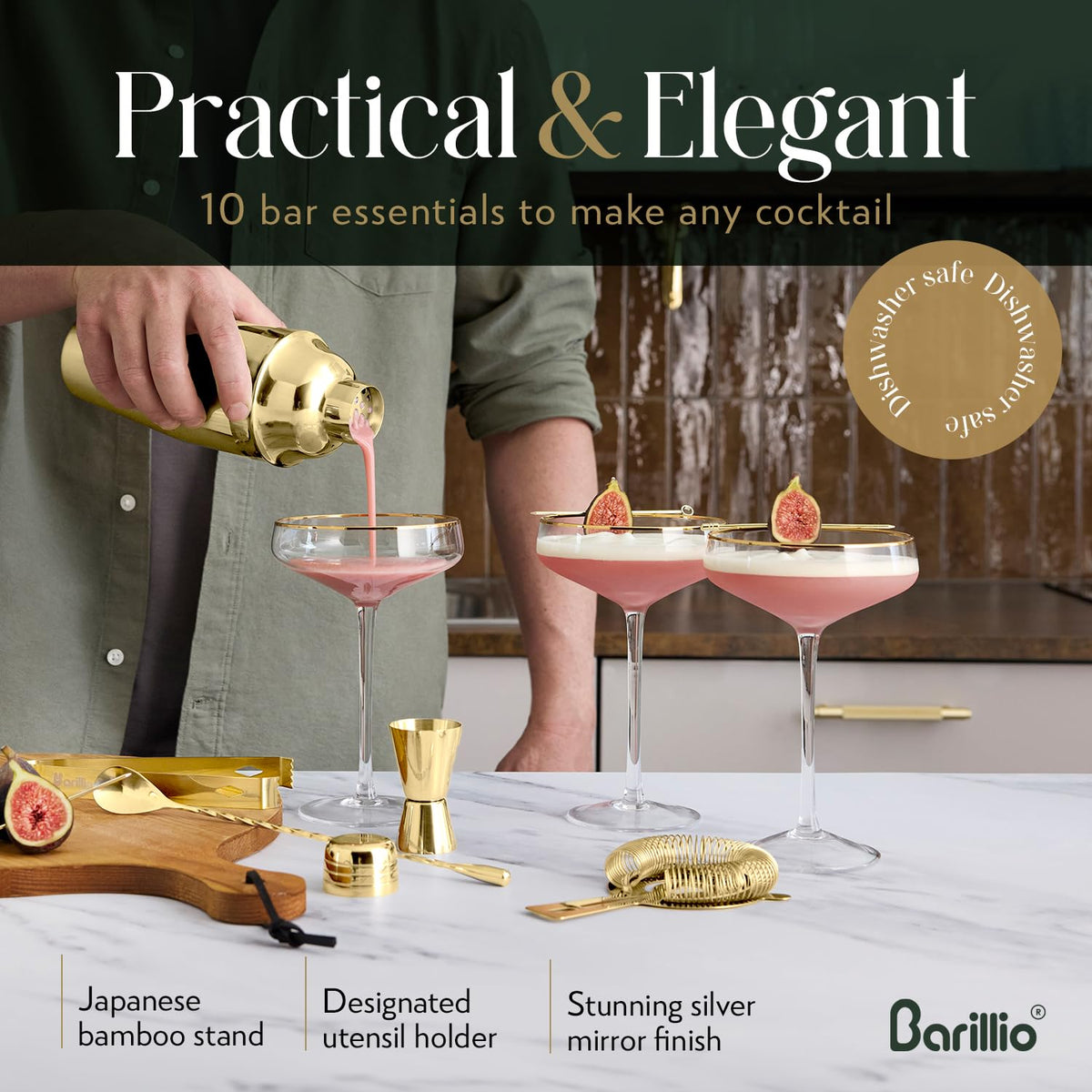 Barillio Gold Bartender Kit - Stainless-Steel Cocktail Shaker Set w/Bamboo Stand - Mixology Bar Tools w/Shaker, Drink Mixer Spoon & Muddler for Cocktails - Home Bar Accessories - 10-Pc Bar Set