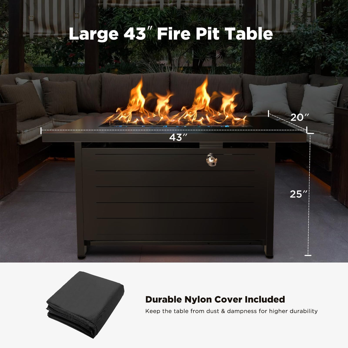 Ciays 43″ Propane Fire Pit with Glass Beads & Lid, 60,000 BTU CSA-Certified Gas Fire Pits with Cup Holders, Hanging Shelf & Nylon Cover, Large Fire Pit Table for Patio/Porch/Deck, Black
