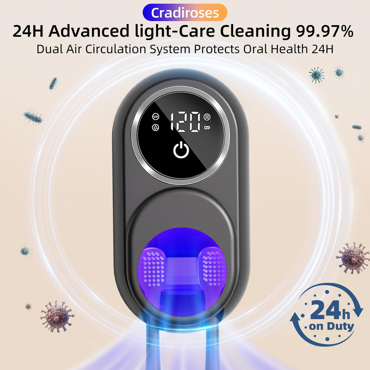 Cradiroses Black UV Toothbrush Sanitizer Holder - 2 Slots Auto-Sensor Wall-Mount with LED Smart Screen, Heated Fan Drying, Rechargeable for Bathroom