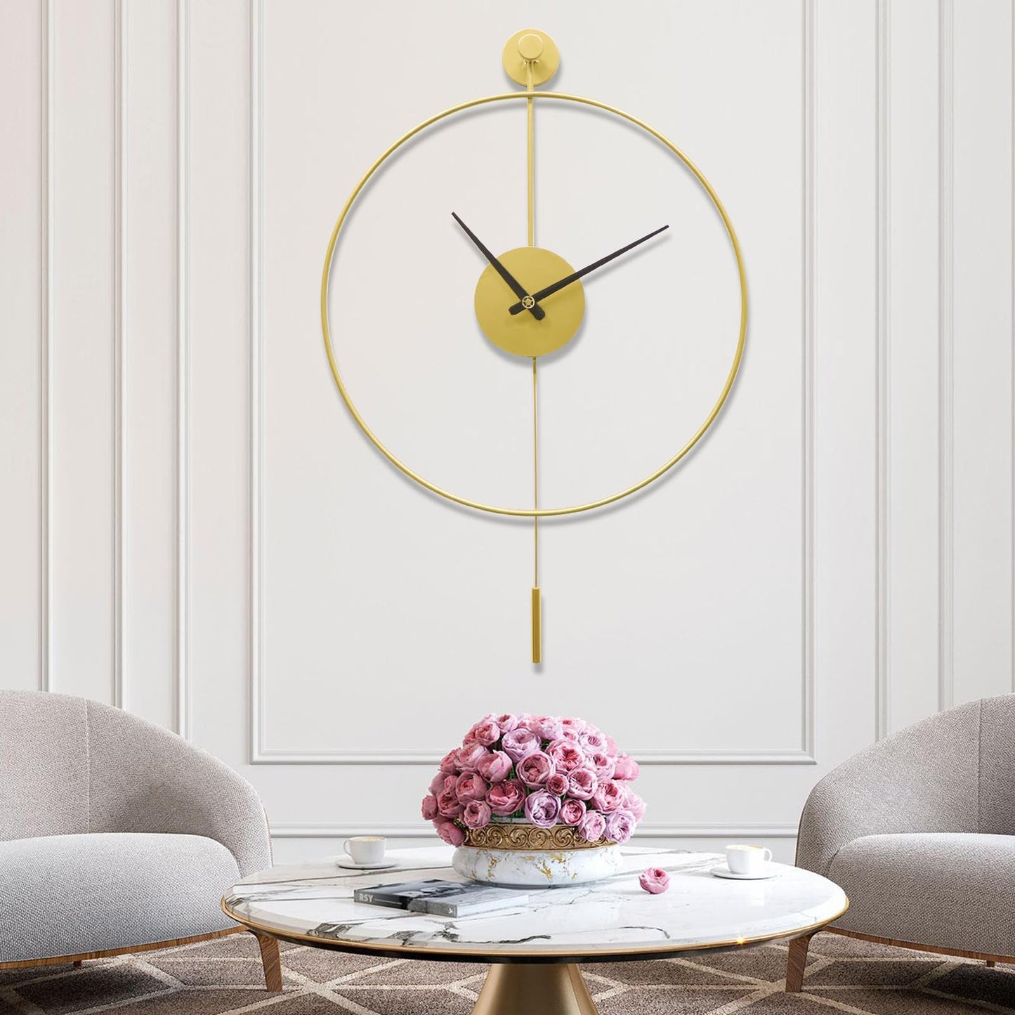 YISITEONE Classical Large Decorative Wall Clock with Pendulum, Modern Non-Ticking Silent Metal Wall Clocks for Living Room, Bedroom, Study, Office, 20‘’