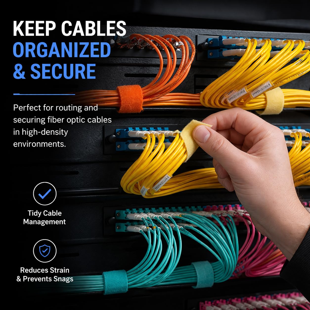 10 Self-gripping Rolls Designed for IDF, Server Racks & Data Centers | Structured Cabling | Cable Wrap for Fiber Optic Cable and Tenecom Cable System Installs (Blue)