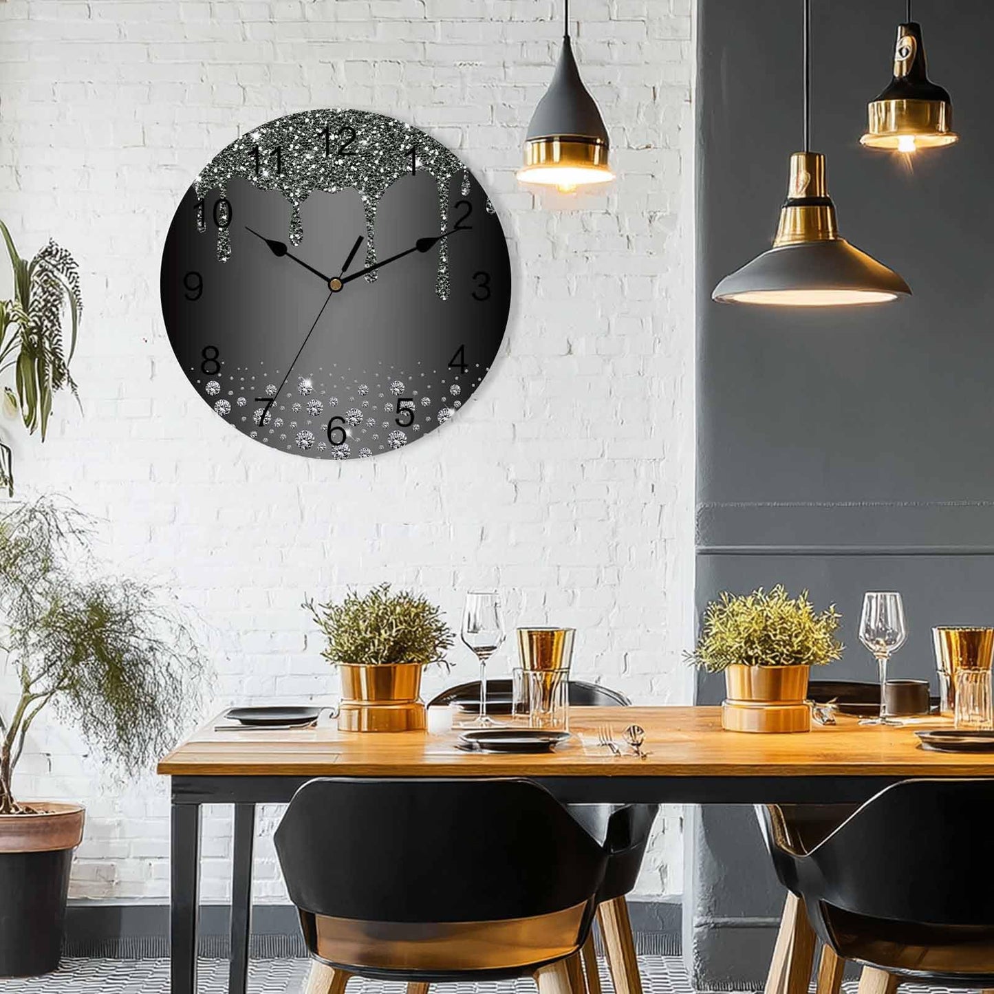LooPoP Wall Clock Black Diamond Clocks PVC Silent Non-Ticking Battery Operated Decorative Luxury Bling Water Drop Round Clock for Home Living Room Kitchen Bedroom Office School Wall Decor 10 Inch