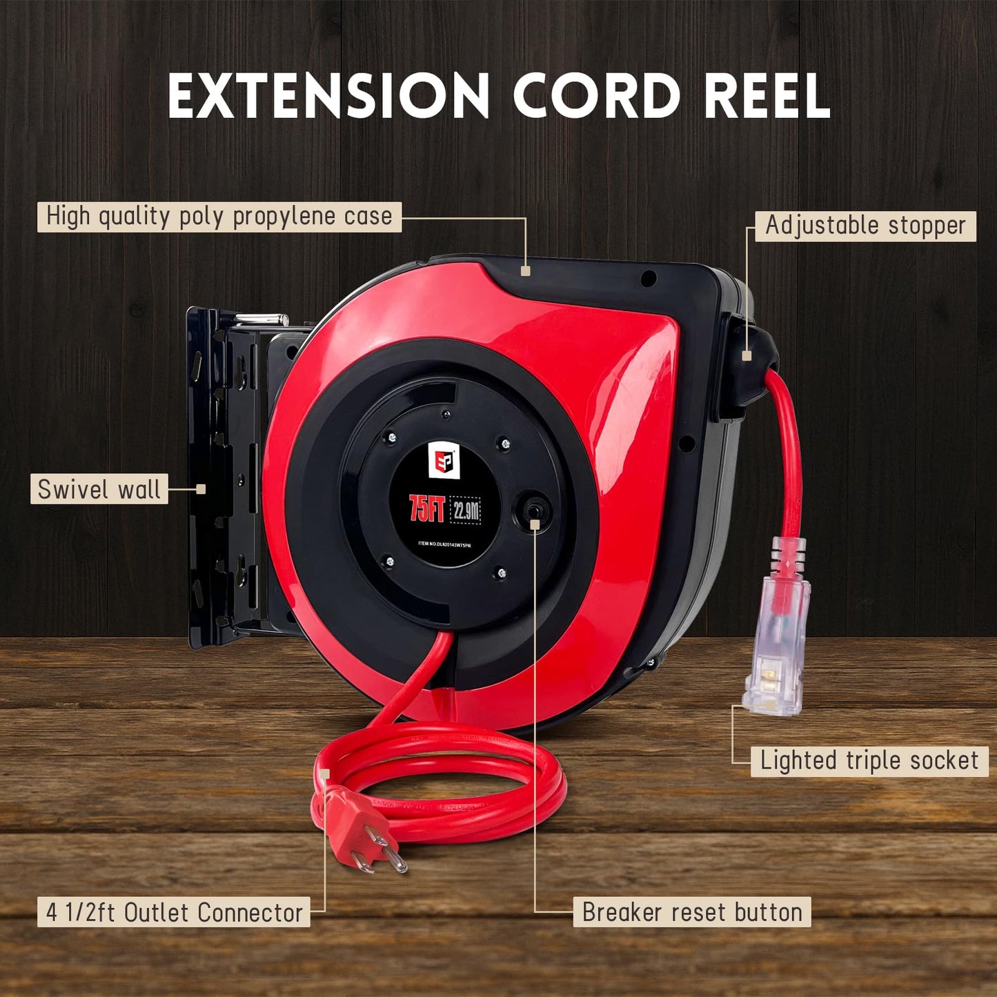 EP Retractable Extension Cord Reel,75 Feet 14 AWG/3C SJTOW Heavy Duty Power Cord,10 AMP Circuit Breaker, 3-Lighted Triple Outlets,Ceiling or Wall Mount Use Indoor, Red