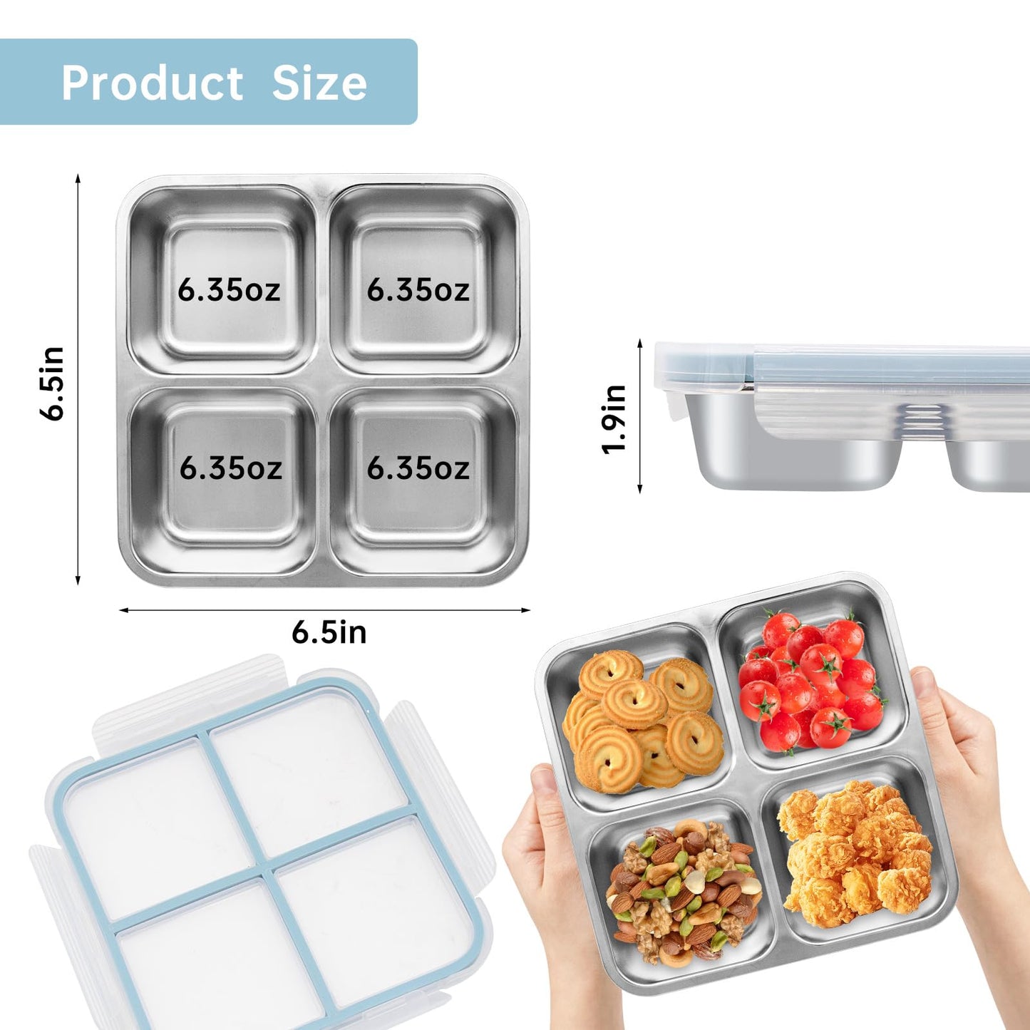 Luriseminger 3 Pack Stainless Steel Bento Lunch Box, 4 Compartment Snack Containers, Divided Meal Prep Lunch Containers, Food Storage Containers For Work and Travel