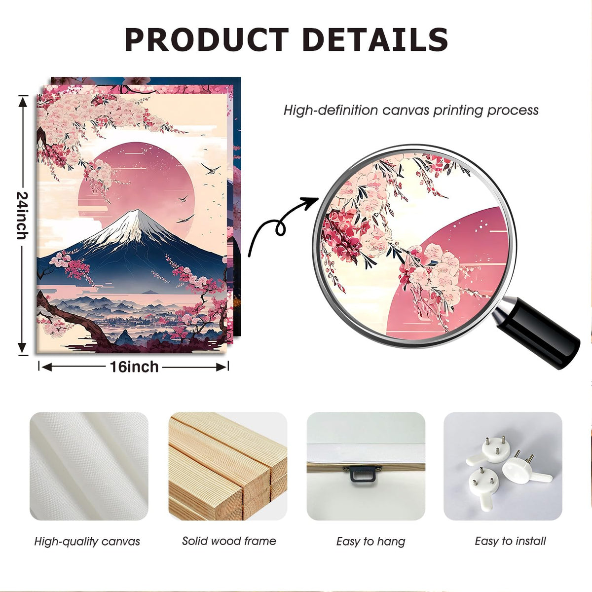 3 Pcs Fuji Mountain Canvas Print Wall Art Japanese Cherry Blossom Artwork Anime Style Posters Prints16x24 Inch Framed Wall Decor for Bedroom Living Room Study Office and Zen Home
