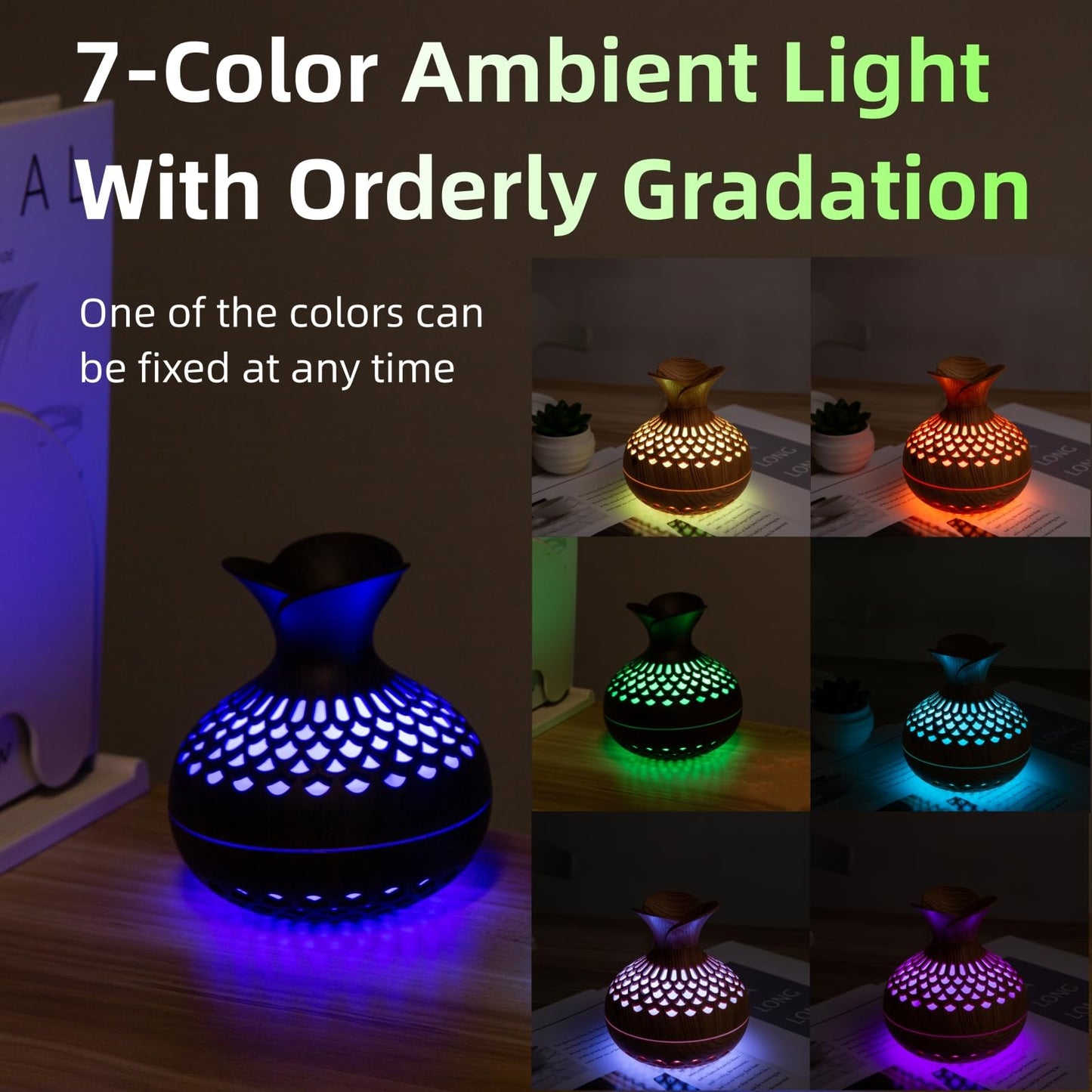 Colorful Cool Mini Humidifier, Flower Shape USB Personal Desktop Humidifier for Car, Office Room, Bedroom,etc. 2 Mist Modes, 7 colors,Super Quiet (Darkwood)