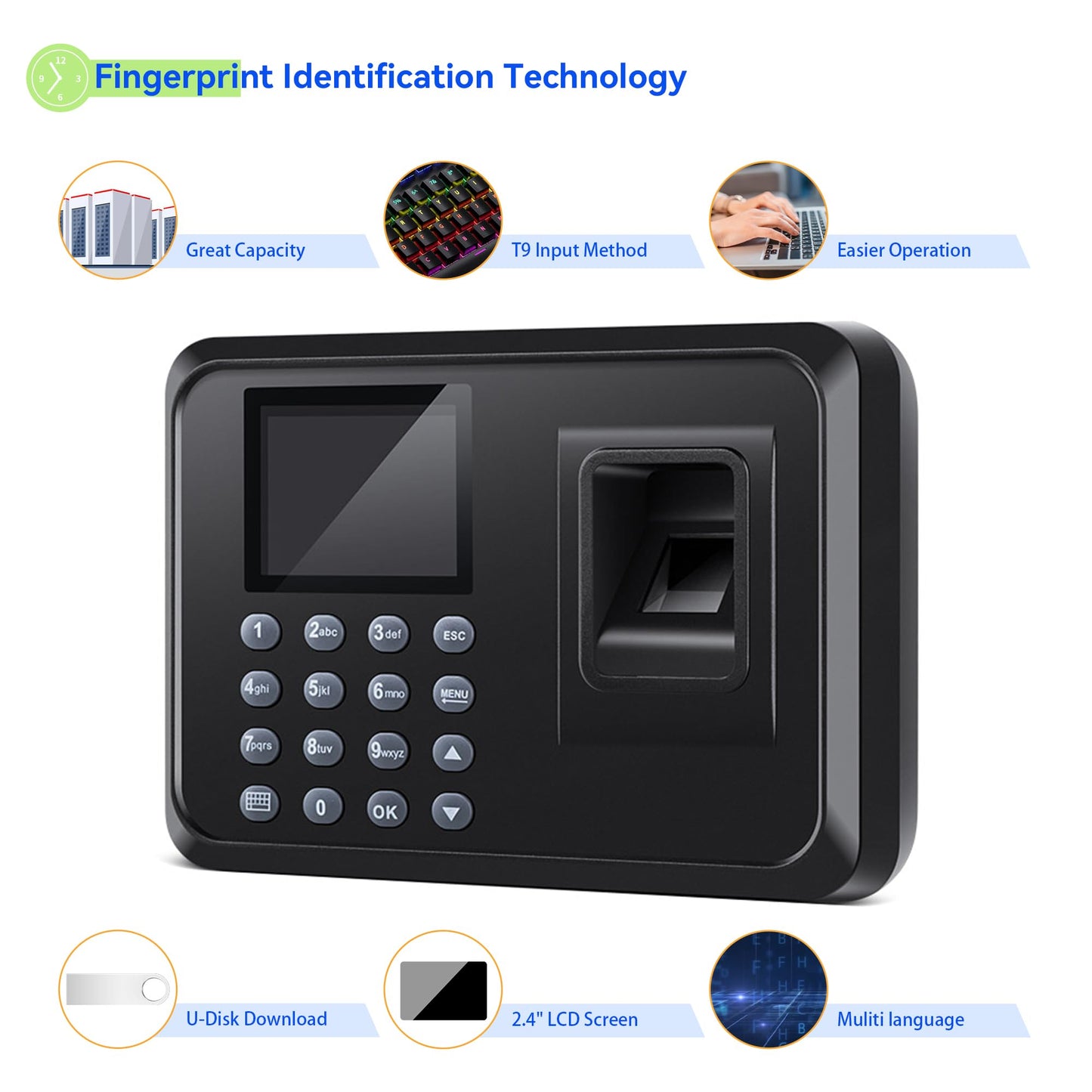 Fingerprint Time Clocks for Employees - Time Clock for Small Business Automatic Calculate Working Hours and Deduct Lunch Time, Punch and Power-off Protection with 8G USB Drive (0 Monthly Fee)