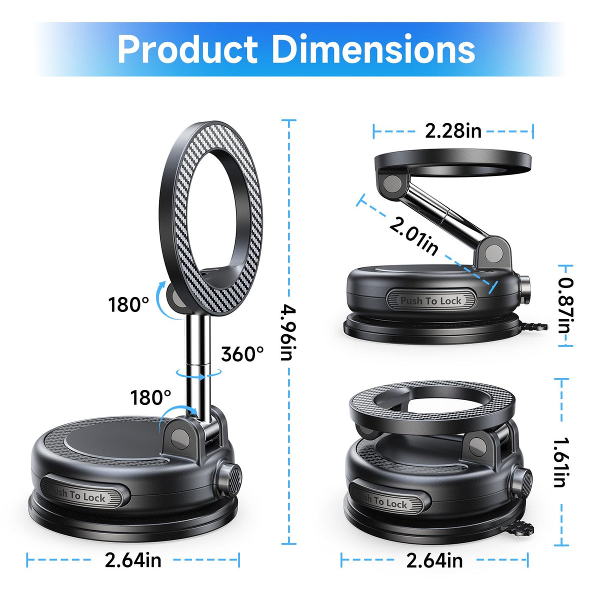 Moeila NeverFall Car Phone Mount for MagSafe, 89lbs Vacuum Suction, Strong Magnetic Dashboard & Windshield Mount, 360° Adjustable Phone Holder for iPhone & All Phones, Carbon Fiber