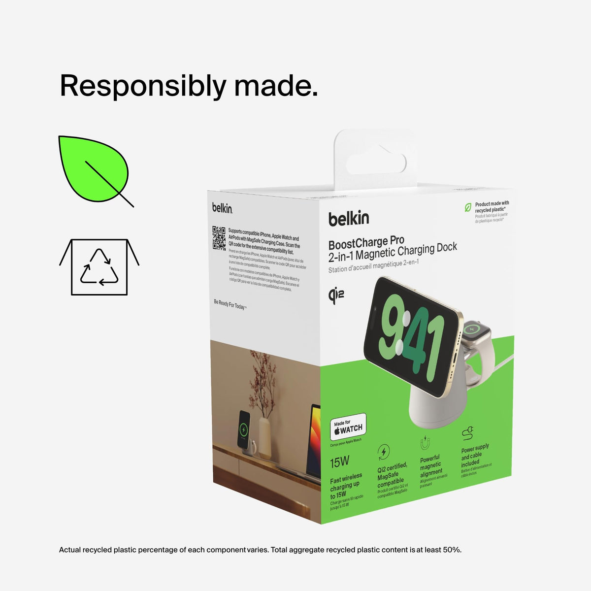 Belkin 2-in-1 Qi2 Wireless Charging Dock 15W Fast Charge iPhone Charger Compatible with iPhone 17, 16, 15, 14, and 13 Series, AirPods, and Other Qi2 Enabled Devices, Includes Power Supply - Sand