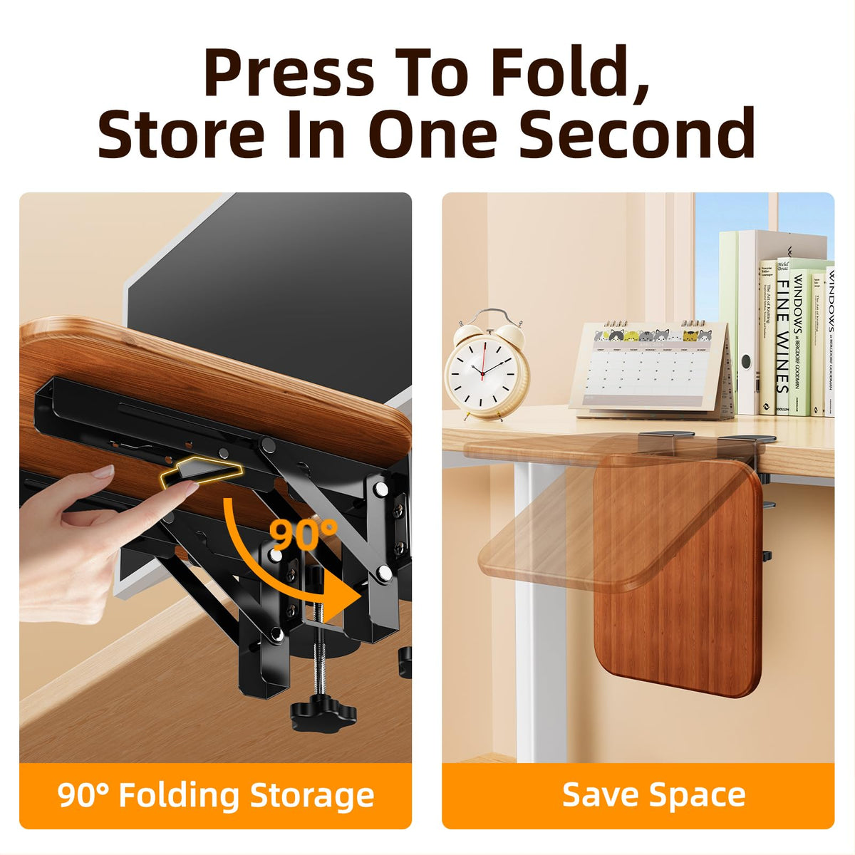 nediea Ergonomic Desk Extender Tray, 8.2"x7.6" Table Mount Arm Wrist Rest Shelf, 90° Foldable Elbow Support, Clamp on Computer Arm Rest for Desk, Office & Home Use, Wood