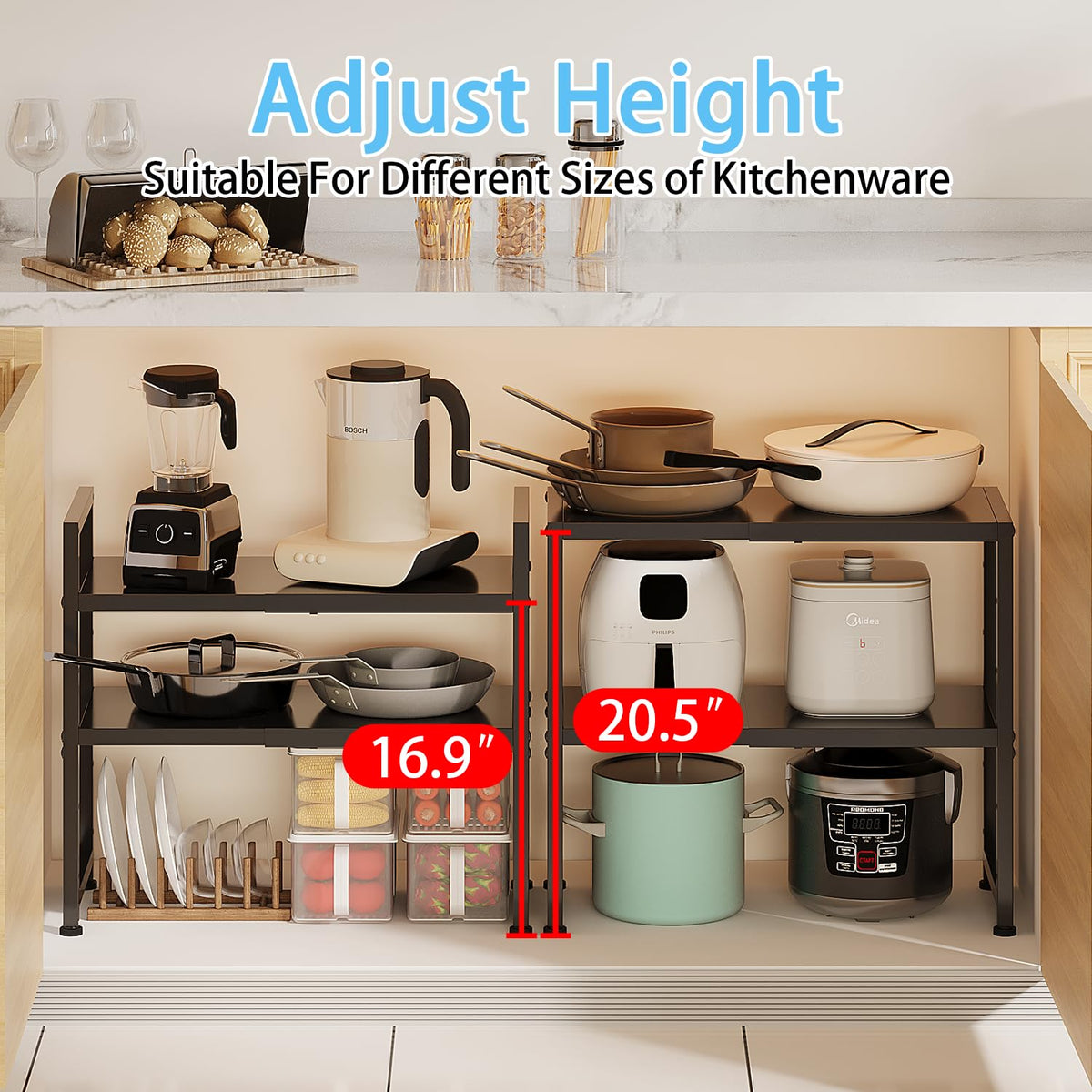 2-Tier Expandable Metal Storage Shelves,150LBS Heavy Duty Shelving Units and Storage For Small Appliance,Adjustable Pots and Pans Organizer Rack Shelf For Kitchen Under Cabinet Pantry Warehouse Garage