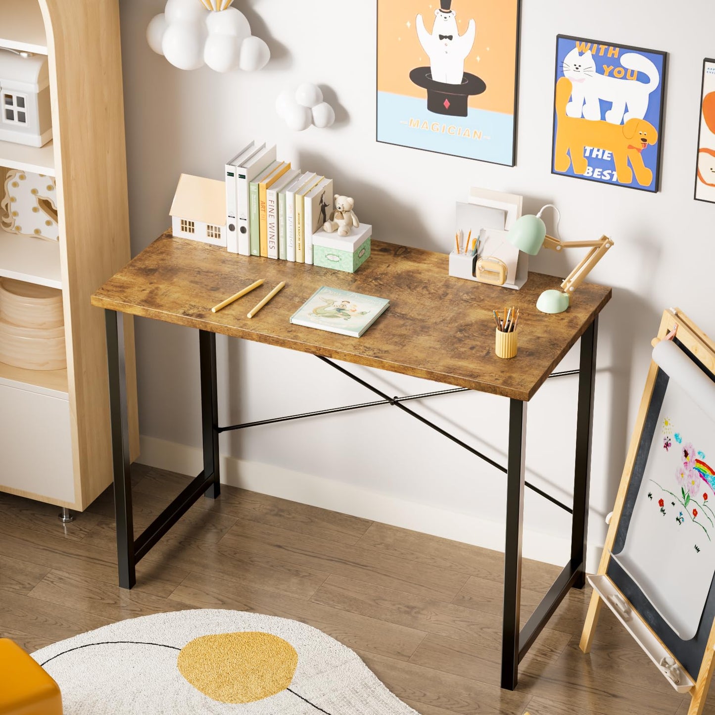 Sweetcrispy Small Computer Desk, 63" Office Writing Desk with Metal Frame & Wooden Top, X-Shaped Reinforcement, Student Study Workstation for Home Bedroom, Brown