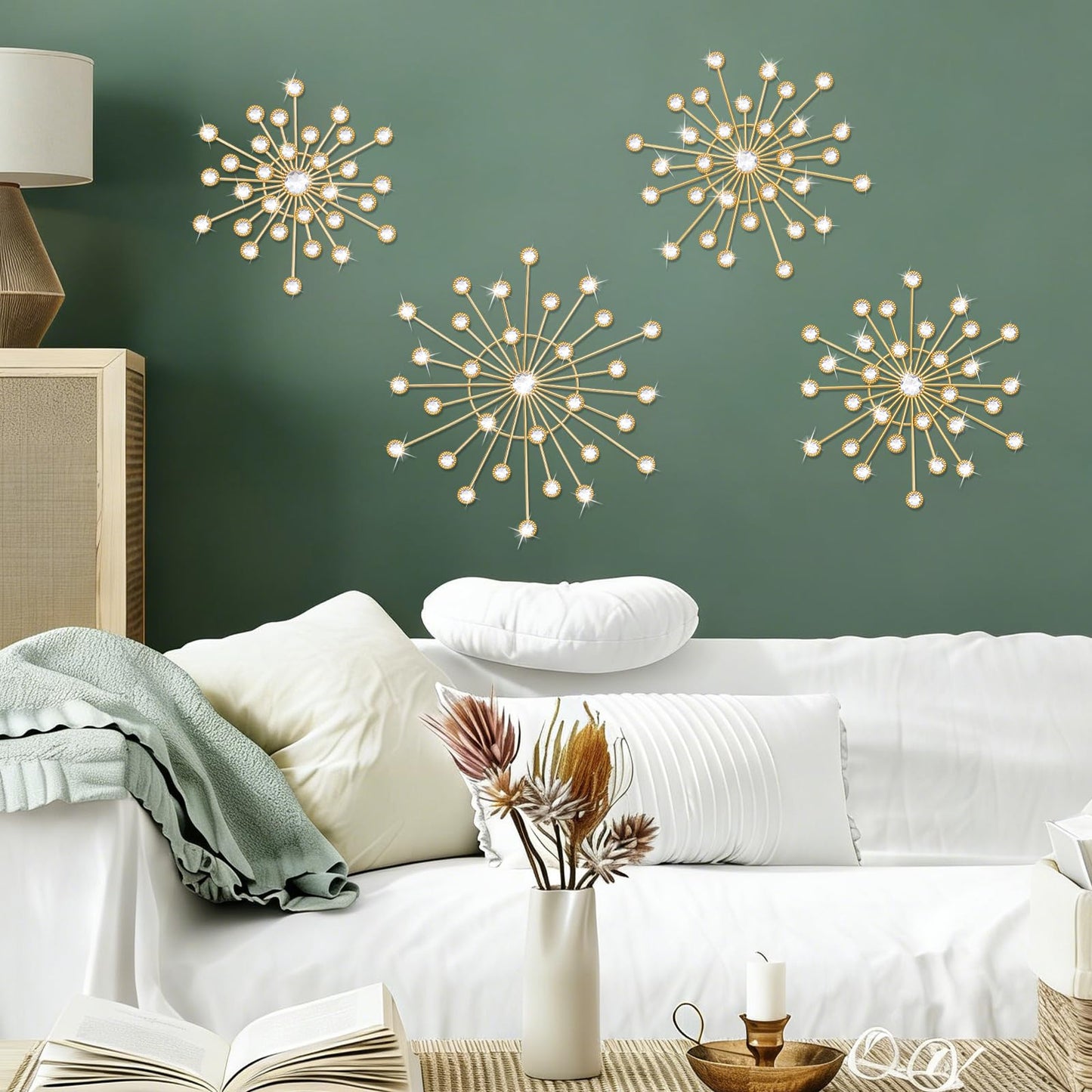 EVERJOYCRAFT 4pcs Sunburst Metal Wall Art Decor Bling Crystal Wall Decorations Starburst Home Decor Modern Accent Sculptures Hanging Pendants for Living Room Bedroom Entryway Office (Gold)