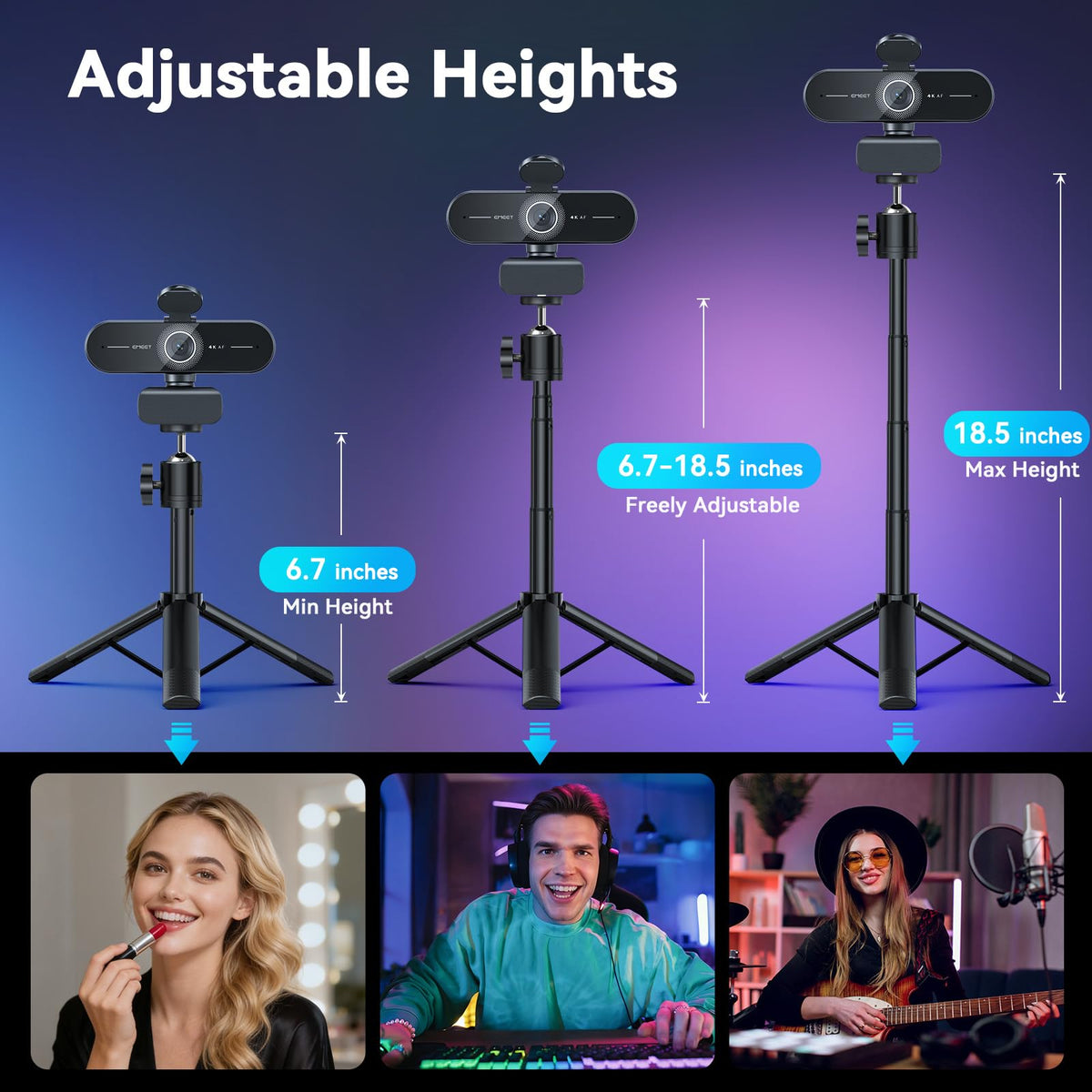 EMEET C60E 4K Webcam with Tripod, Streaming Camera with PDAF Autofocus, Dual Microphones, Auto Light Correction, 73° FOV, Plug & Play USB Webcam for Live Streaming, Gaming & Real-Time Interaction