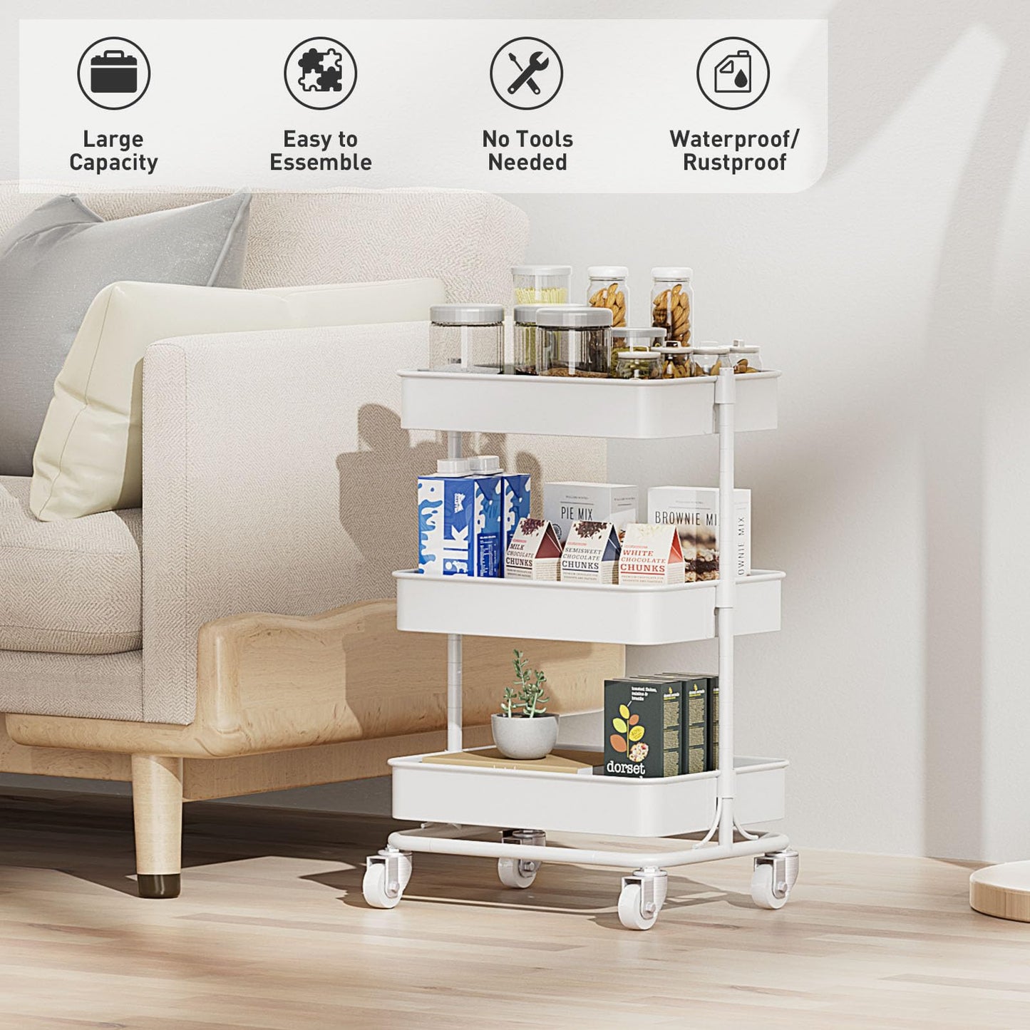 Orchidleaf 3-Tier Modern Metal Rolling Utility Cart with Silent Casters, 15.35x11.81x23.74 inch Heavy Duty Organizing Cart Trolley Organizer for Office, Living Room, Kitchen，(White)