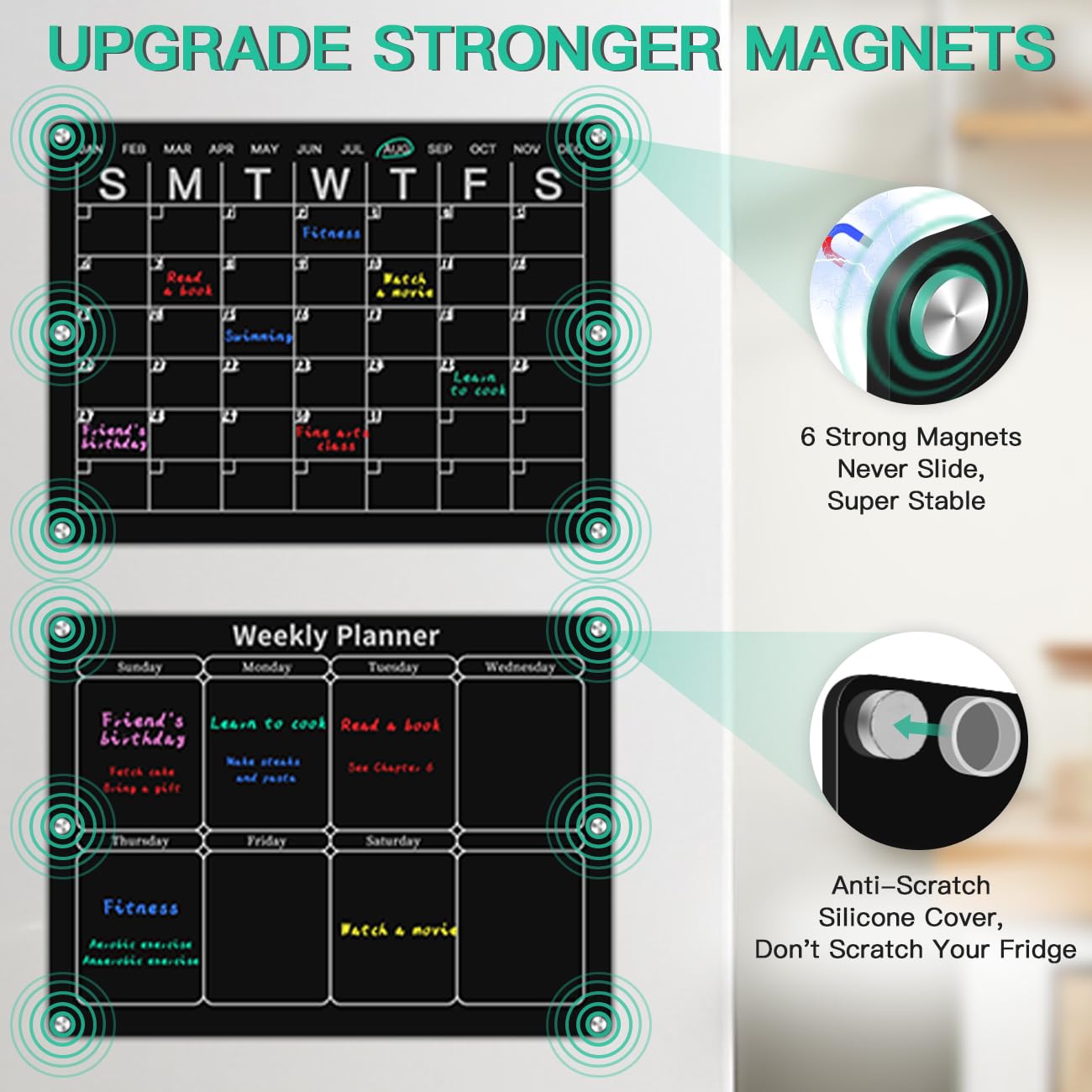 Magnetic Monthly & Weekly Fridge Calendar - Black Dry Erase Acrylic Refrigerator Planning Board Includes 6 Colorful Markers, Pen Holder, Towel, Hook