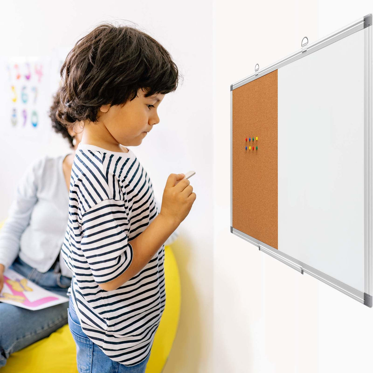 Comix Cork Board Magnetic Dry Erase Board Combo, 24 x 18 Inches Whiteboard and Bulletin Board Combination, Aluminum Frame Vision Board with 4 Dry Erase Markers, 4 Magnets, Eraser, Push Pins
