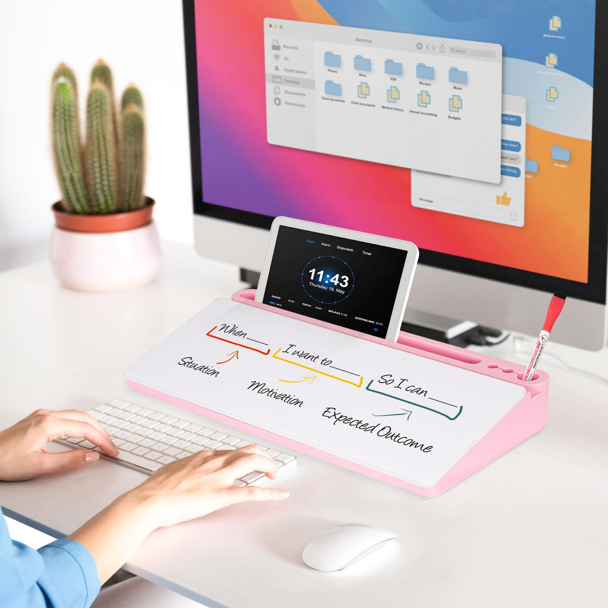 DOLLAR BOSS Glass Desk Whiteboard Small Dry Erase Board Desktop White Board with Storage Drawer Computer Keyboard Stand Desk Organizer Office Accessories School Supplies with 4 Markers 1 Eraser, Pink
