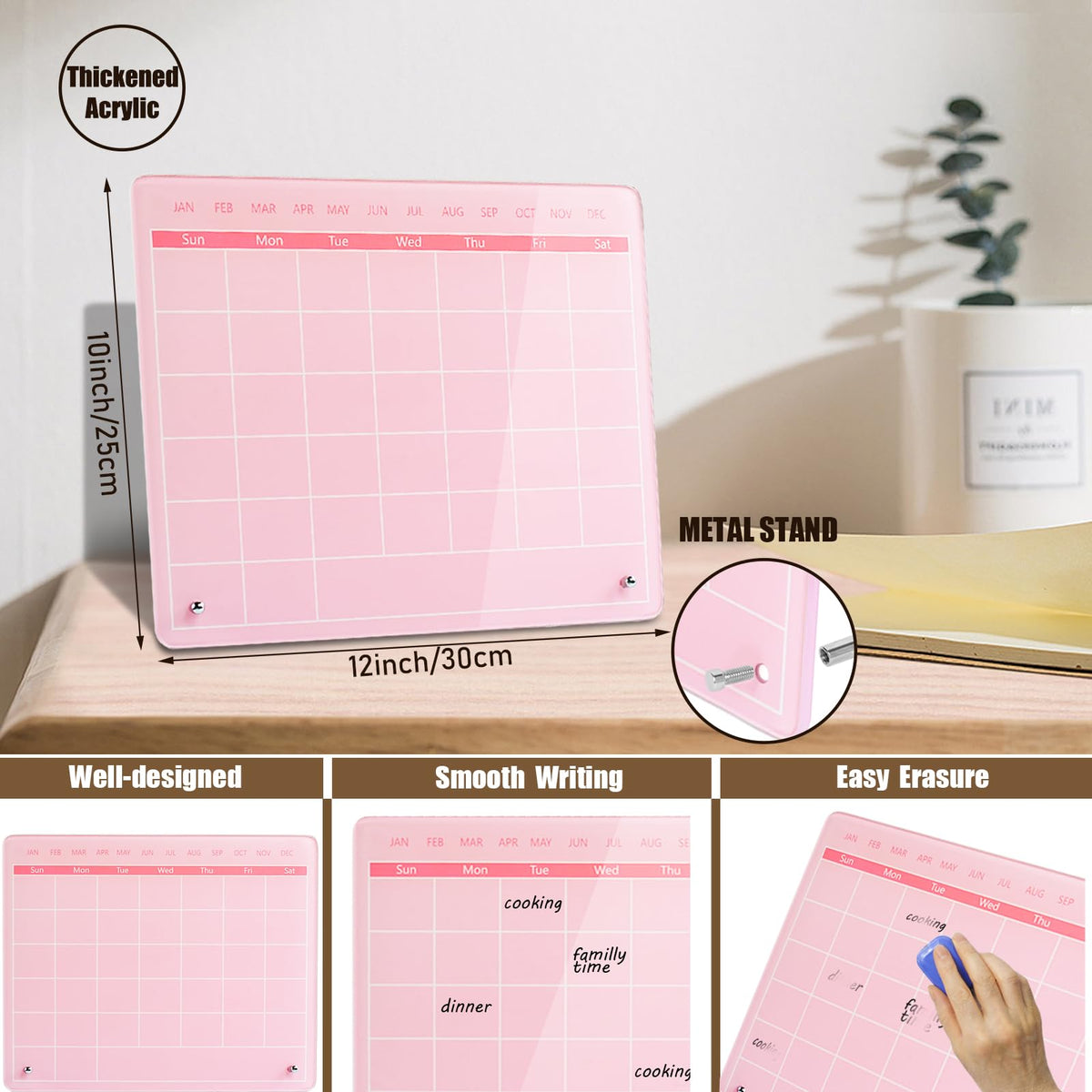 Marribol Calendar Dry Erase Board,12"X10",Acrylic Desk Calendar with Stand,Pink Dry Erase Board for Home Office School