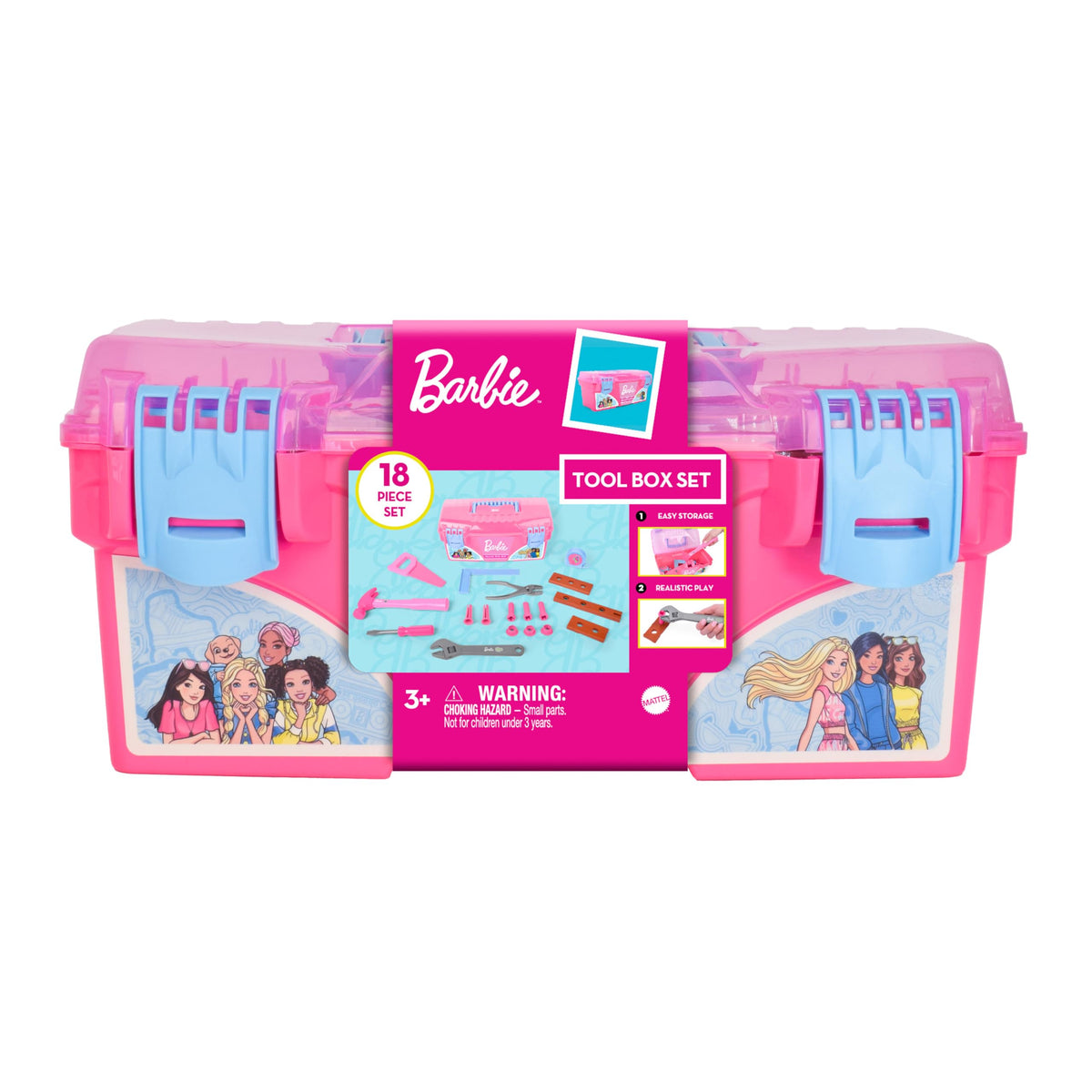 Barbie Tool Box Playset – 18 Piece Deluxe Tool Set, Pretend Play Construction Tools with Tape Measure, Girls Pink Tool Box with Handle, Perfect Preschool Role Play Toy for Kids