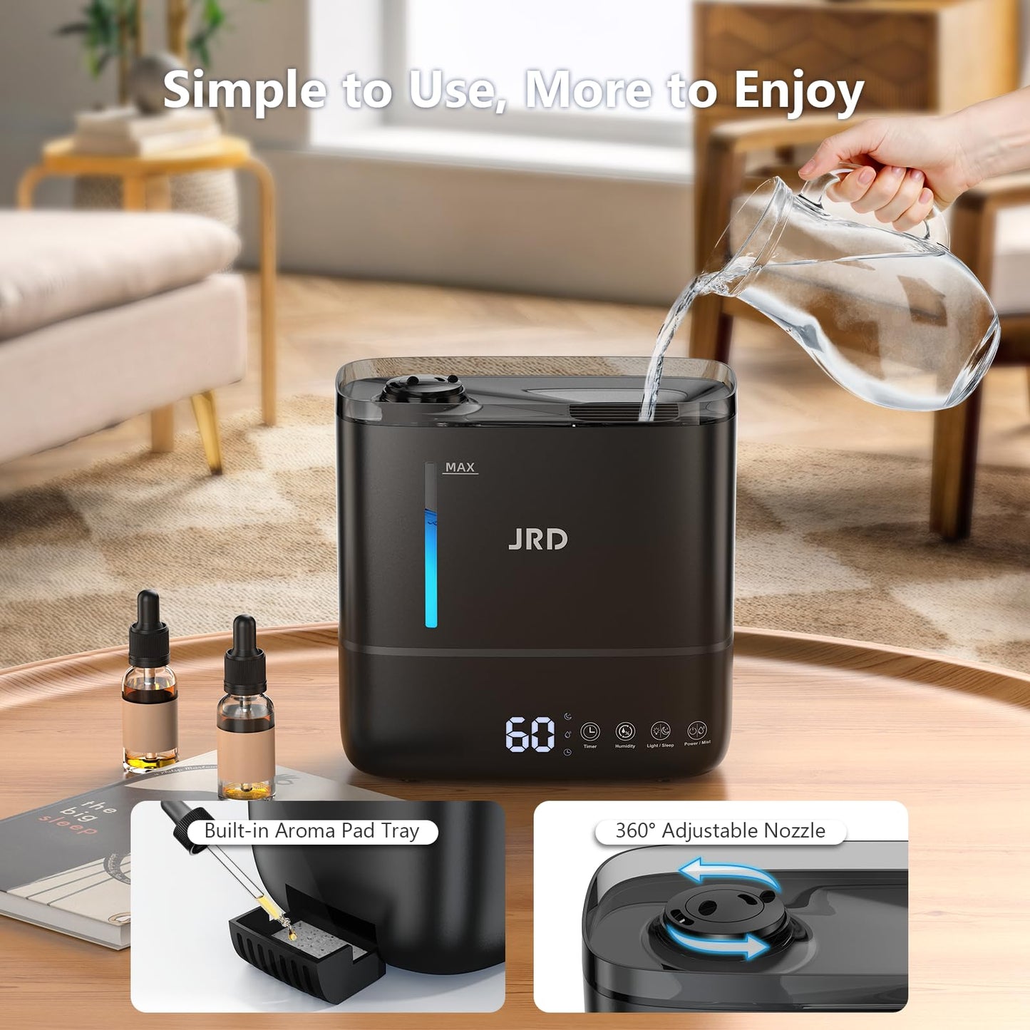 JRD Humidifiers for Bedroom, Ultrasonic Humidifier 4L for Large Room, Cool Mist Top-Fill, 40H Run, 12H Timer, 360° Nozzle, Aroma Diffuser, 7-Color Night Light for Home, Office, Baby, Pets, Plants