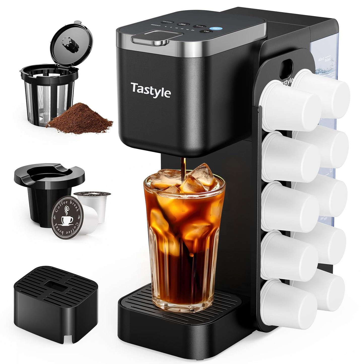 Tastyle Hot & Iced Coffee Maker with Magnetic K-Pod Organizer (Pods Not Included), Stores 10 Pods, 4-5 Cups Coffee Maker & Single-serve Brewer for K Cup & Grounds, 40oz Removable Water Tank, Black