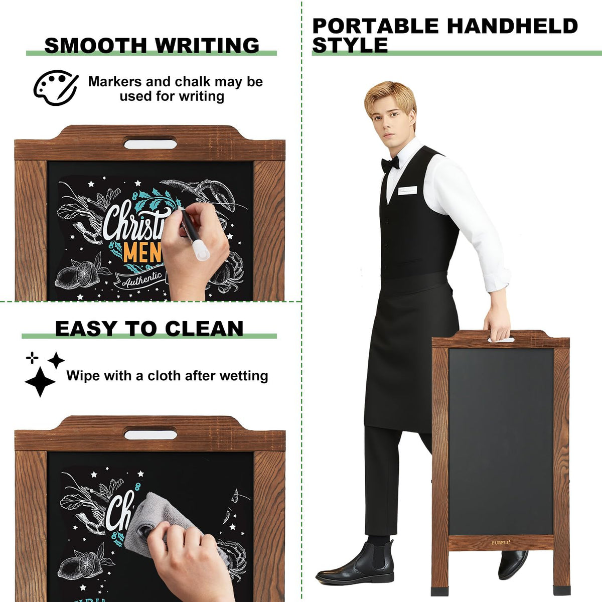 Magnetic Sandwich A-Frame Chalkboard Sign - 40 x 20 Inches, Brown Large Wooden Chalk Board for Sidewalk, Stand up Double-Sided Outdoor Easel Display for Restaurant Cafe Shop Wedding Party or Business