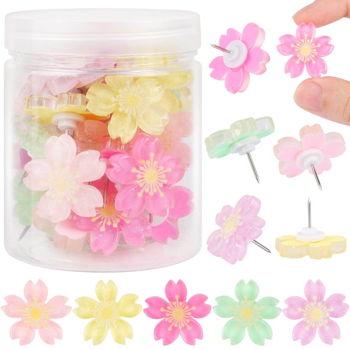 MIKIMIQI 30 Pcs Flowers Push Pins, Resin Cherry Blossom Push Pins Decorative Floral Thumb Tacks Cork Board Thumbtacks for Bulletin Board Photos Wall Pins Office Supplies