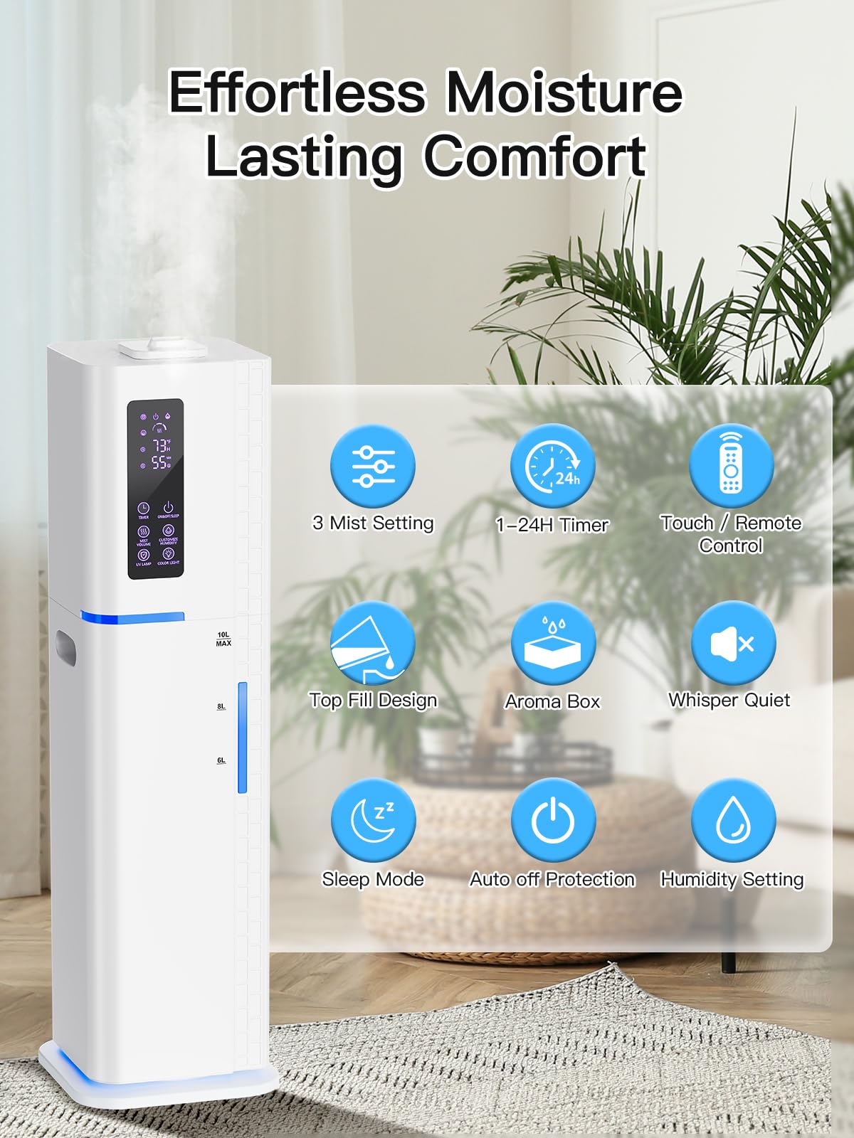 Zeova 10L/2.64Gal Humidifiers for Bedroom, Top Fill Quiet Ultrasonic Cool Mist Humidifier Large Room, Covers 550ft², 60H Runtime, 24H Timer, 3 Mist Modes Humidifiers for Home, Office, Plants, White