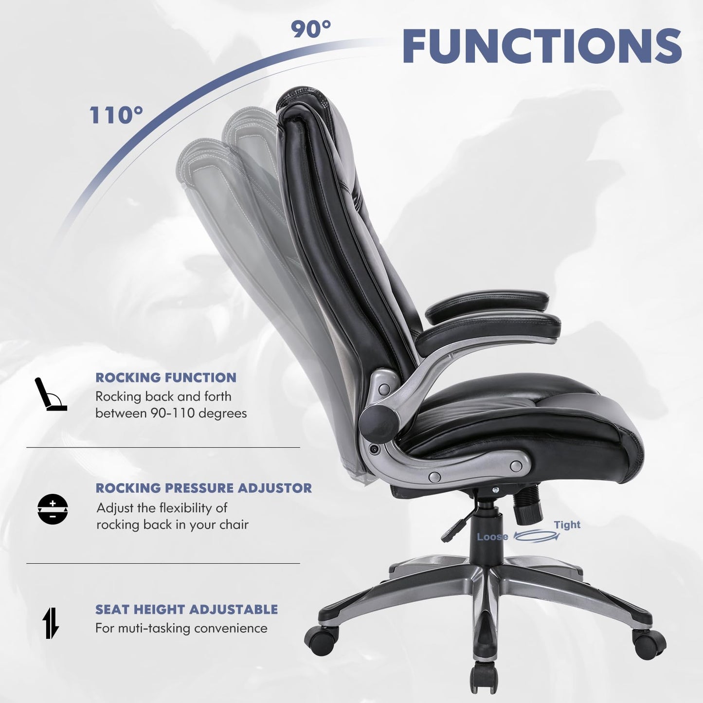 COLAMY Leather Executive Office Chair - High Back Home Computer Desk Chair with Padded Flip-up Arms, Adjustable Tilt Lock, Swivel Rolling Ergonomic Chair for Adult Working Study, Black