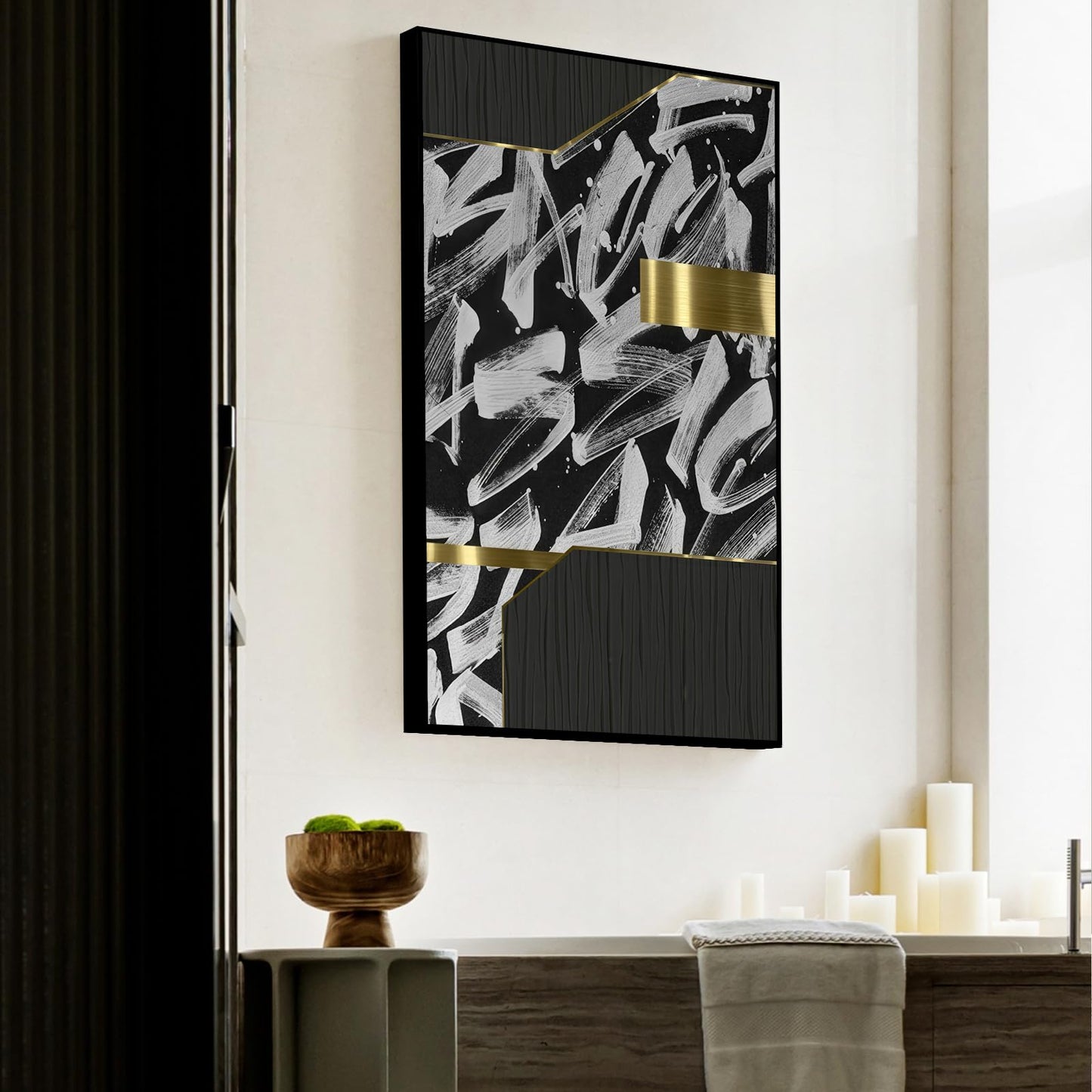 QKF large bright abstract geometric wall decoration, modern minimalist black and white wall art, suitable for bedroom, living room, bathroom, office, home poster printing 20 "X 28" inch 3-piece set