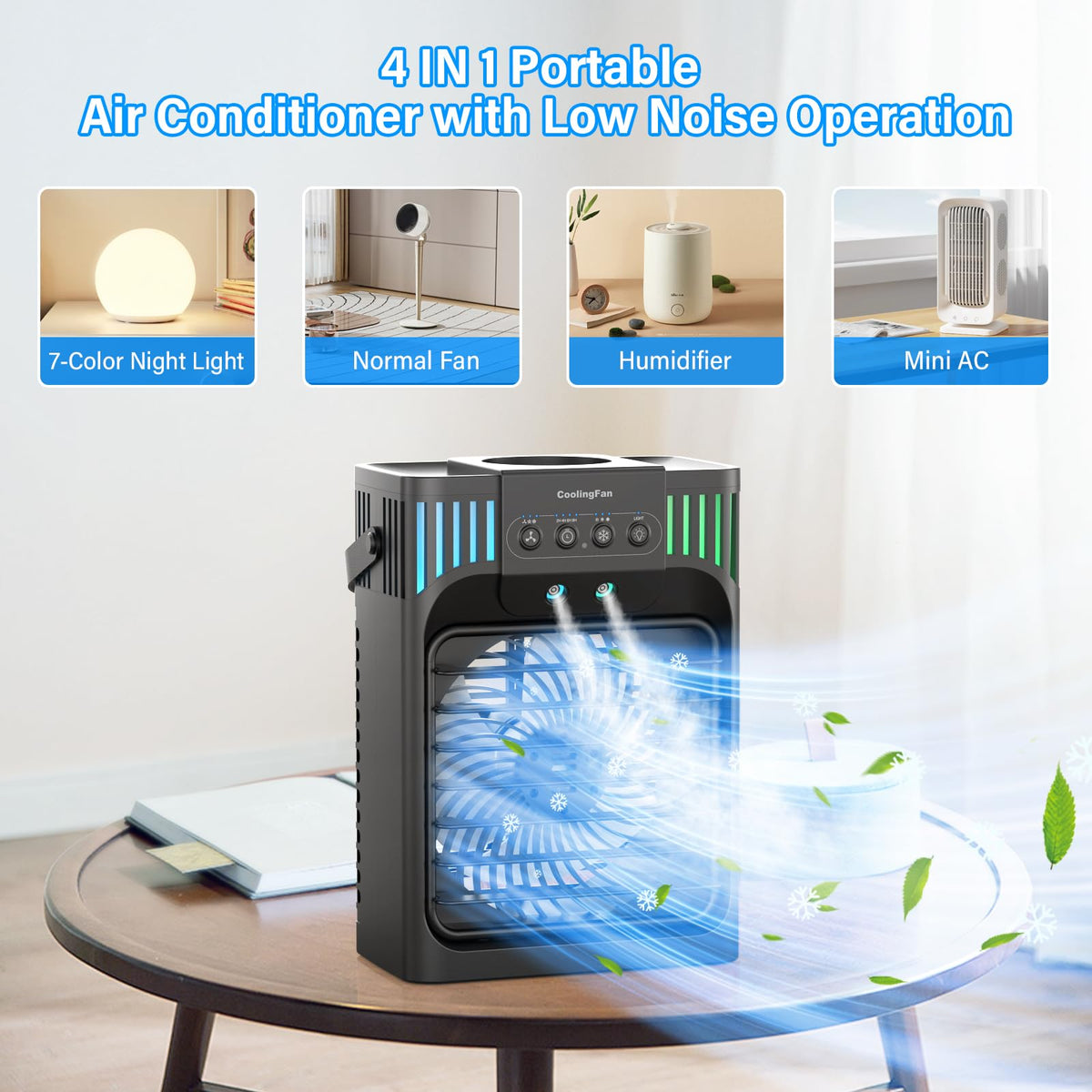 Serantzon Portable Air Conditioners, 4-in-1 Evaporative Air Cooler with Remote Control, Cooling Fan with 3 Modes, 3 Speeds & 7 LED Lights, 2-8H Timer, 1200ML Personal Mini AC Unit for Home, Bedroom