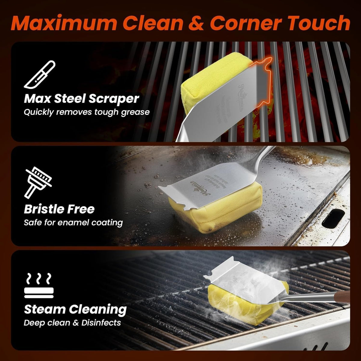 Grill Brush for Outdoor Grill, Bristle Free Grill Brush with Scraper, Safe Steam Grill Cleaner for BBQ &Griddle, Long Rosewood Handle Reaches Corners, for Porcelain, Cast Iron & Stainless Steel Grates