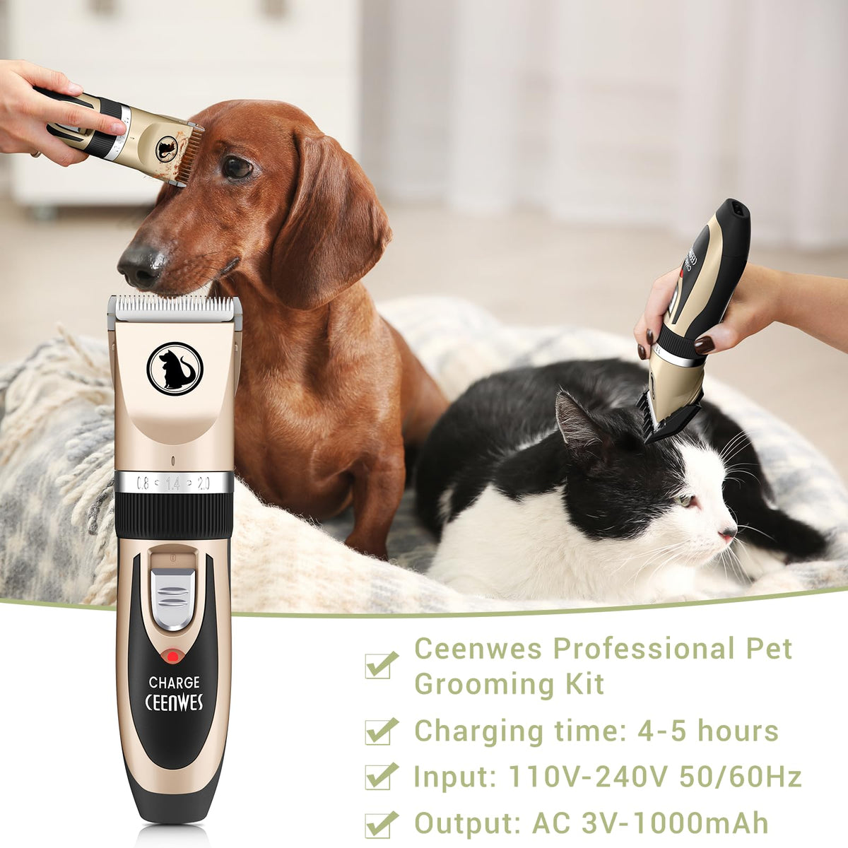 Ceenwes Dog Clippers Low Noise Pet Clippers Rechargeable Trimmer Cordless Grooming Tool Professional Dog Hair Trimmer with Comb Guides Scissors for Dogs Cats & Others（Gold）