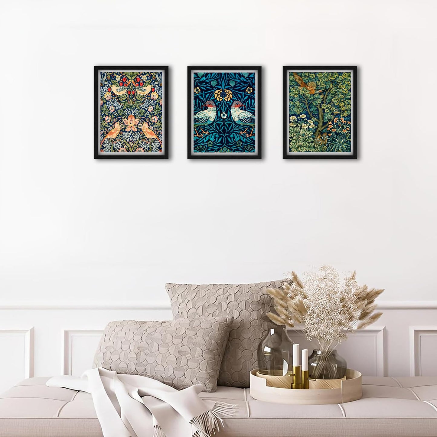 Framed William Morris Wall Art Floral Bird Decor 11" Lx14 W, Animal Artwork Wall Pictures Modern Aesthetic Canvas Prints for Living Room Bedroom Bathroom Office Kitchen Decoration