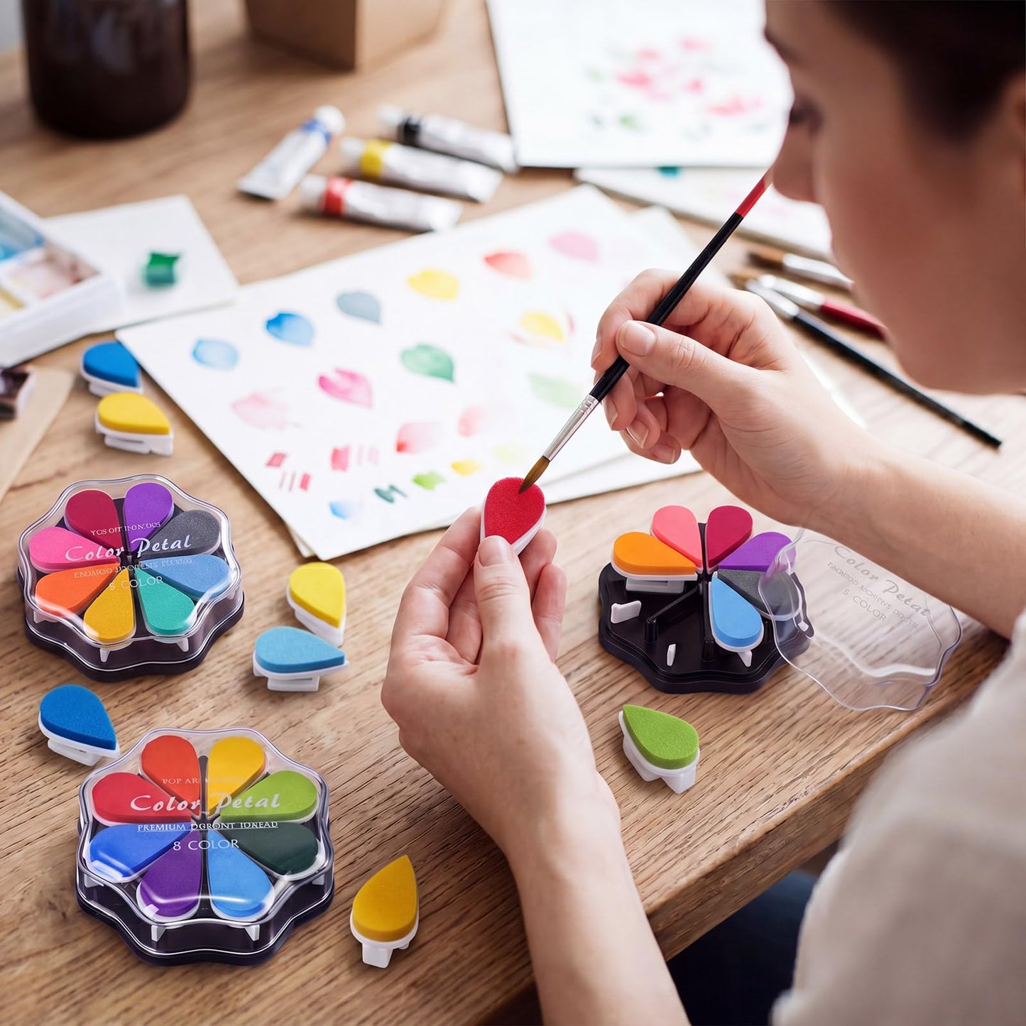 Jetec 3 Pack Petal Ink Pads Finger Ink Stamp, Rainbow Rubber Stamps Washable Waterdrop Shaped Stamp Pads for Card Making, Scrapbook, Painting(Classic 24 Colors,3 Packs)